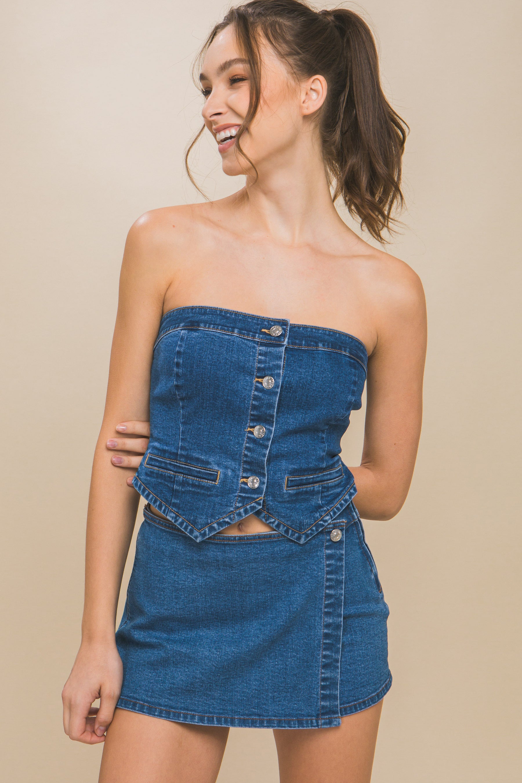 Blue Zone Planet | Denim Strapless Button-up Crop Top-TOPS / DRESSES-[Adult]-[Female]-2022 Online Blue Zone Planet