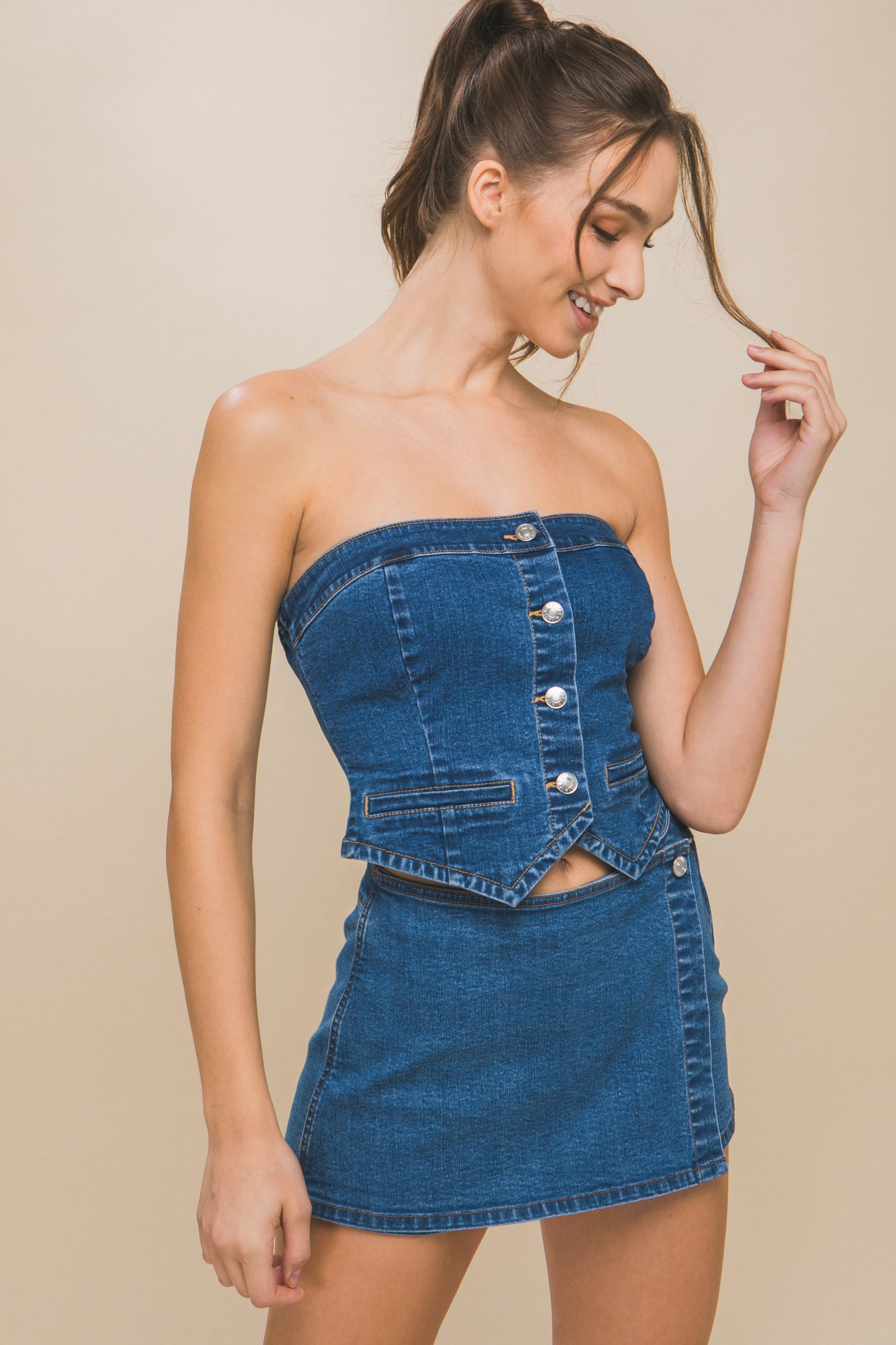 Blue Zone Planet | Denim Strapless Button-up Crop Top-TOPS / DRESSES-[Adult]-[Female]-2022 Online Blue Zone Planet