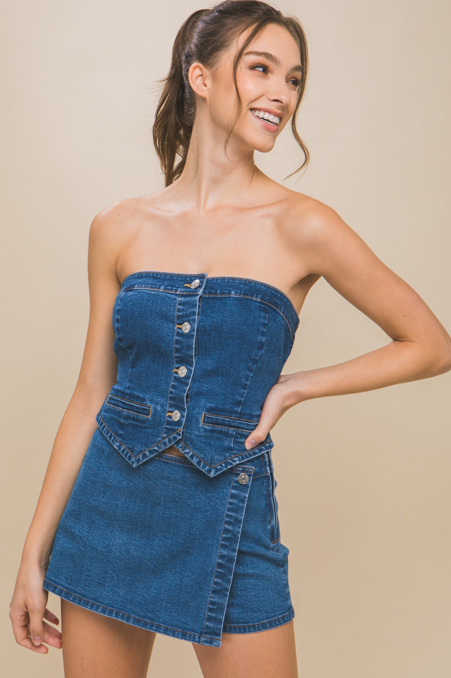 Blue Zone Planet | Denim Strapless Button-up Crop Top-TOPS / DRESSES-[Adult]-[Female]-2022 Online Blue Zone Planet