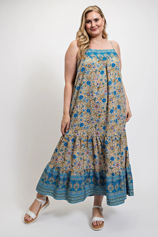 Blue Zone Planet |  Floral And Aztec Print Drop Down Maxi Dress With Spaghetti Strap Blue Zone Planet