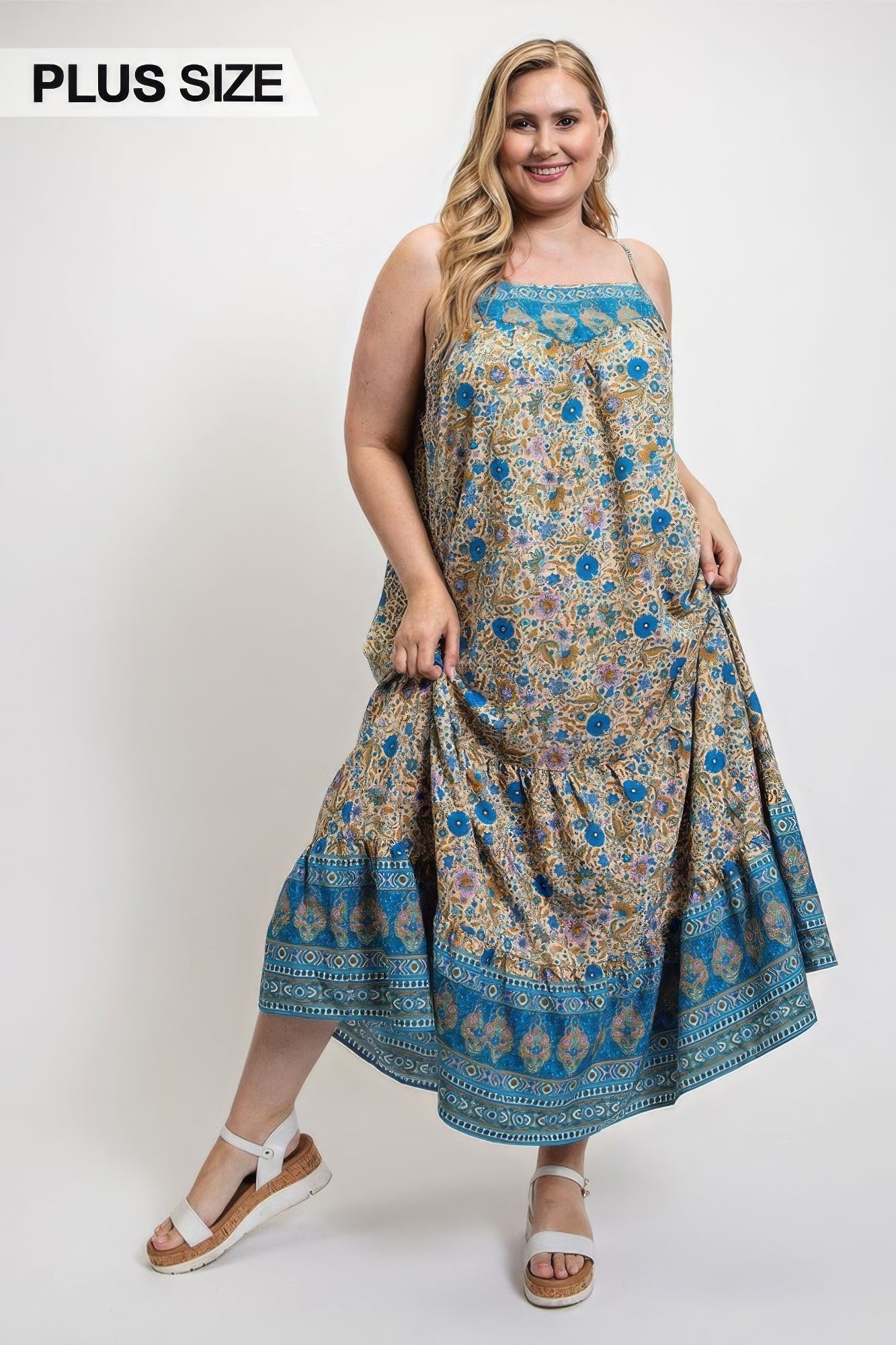 Blue Zone Planet |  Floral And Aztec Print Drop Down Maxi Dress With Spaghetti Strap Blue Zone Planet