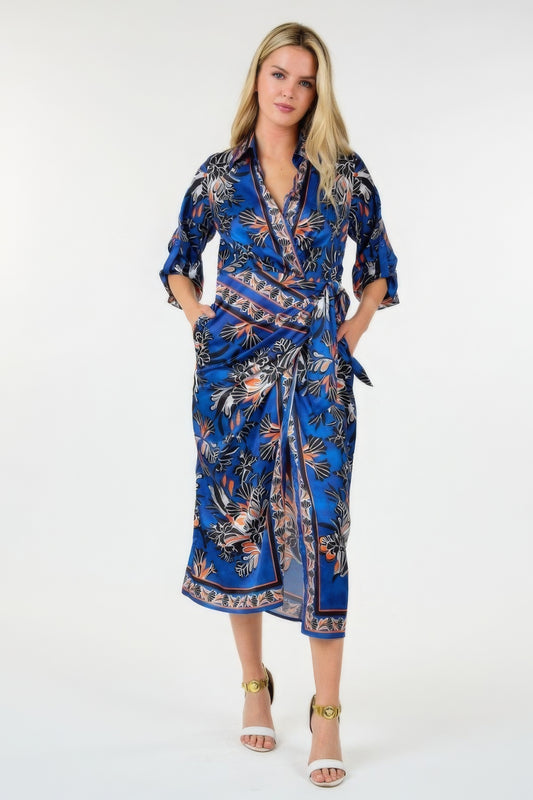 Blue Zone Planet |  Wrap Front 3/4 Sleeve Printed Dress