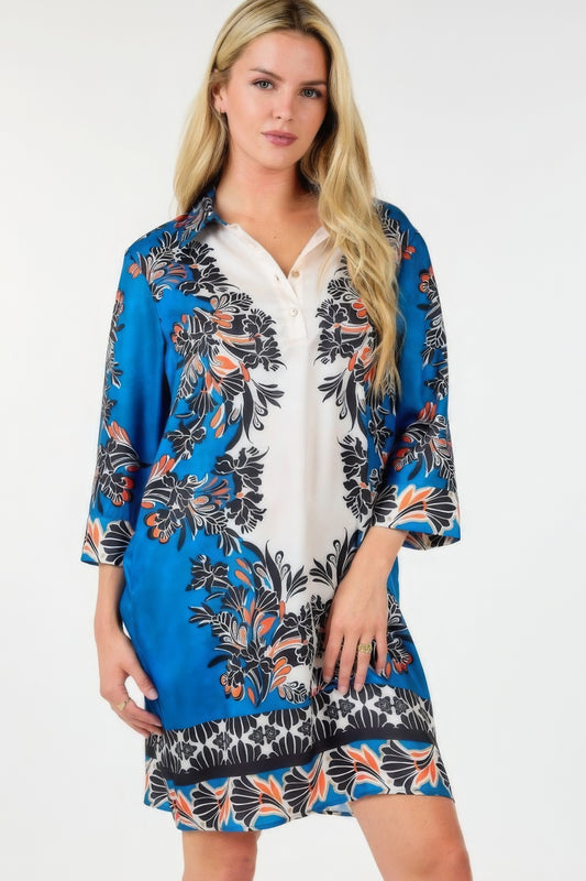 Blue Zone Planet |  Multi Colored Collar Neck 3/4 Sleeve Dress