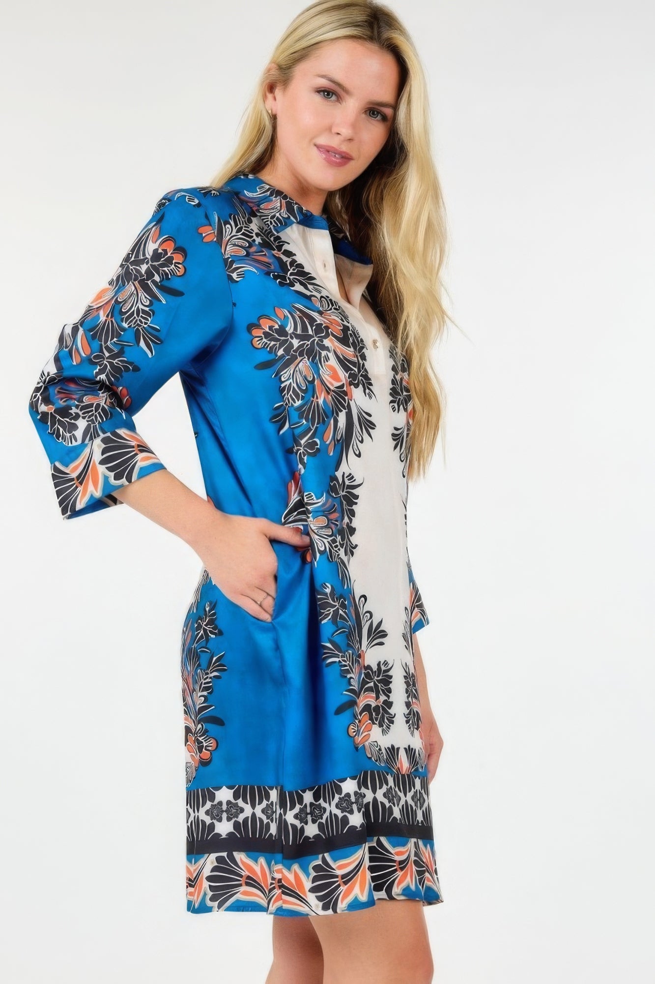Blue Zone Planet |  Multi Colored Collar Neck 3/4 Sleeve Dress Blue Zone Planet