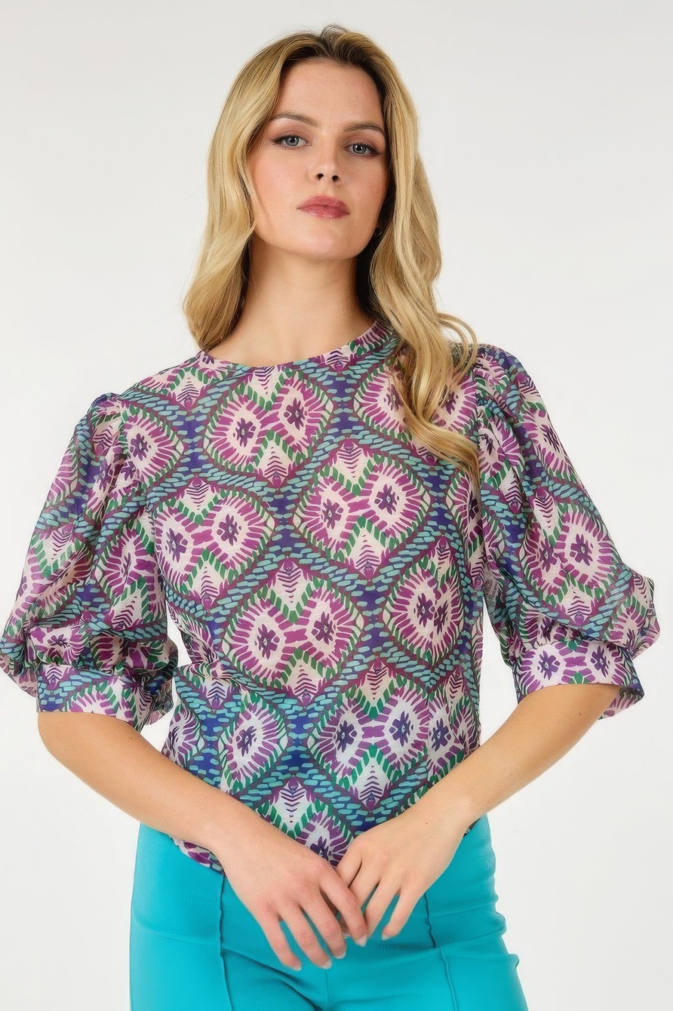 Blue Zone Planet |  Lina's Puff Sleeve Multi-print Top Blue Zone Planet