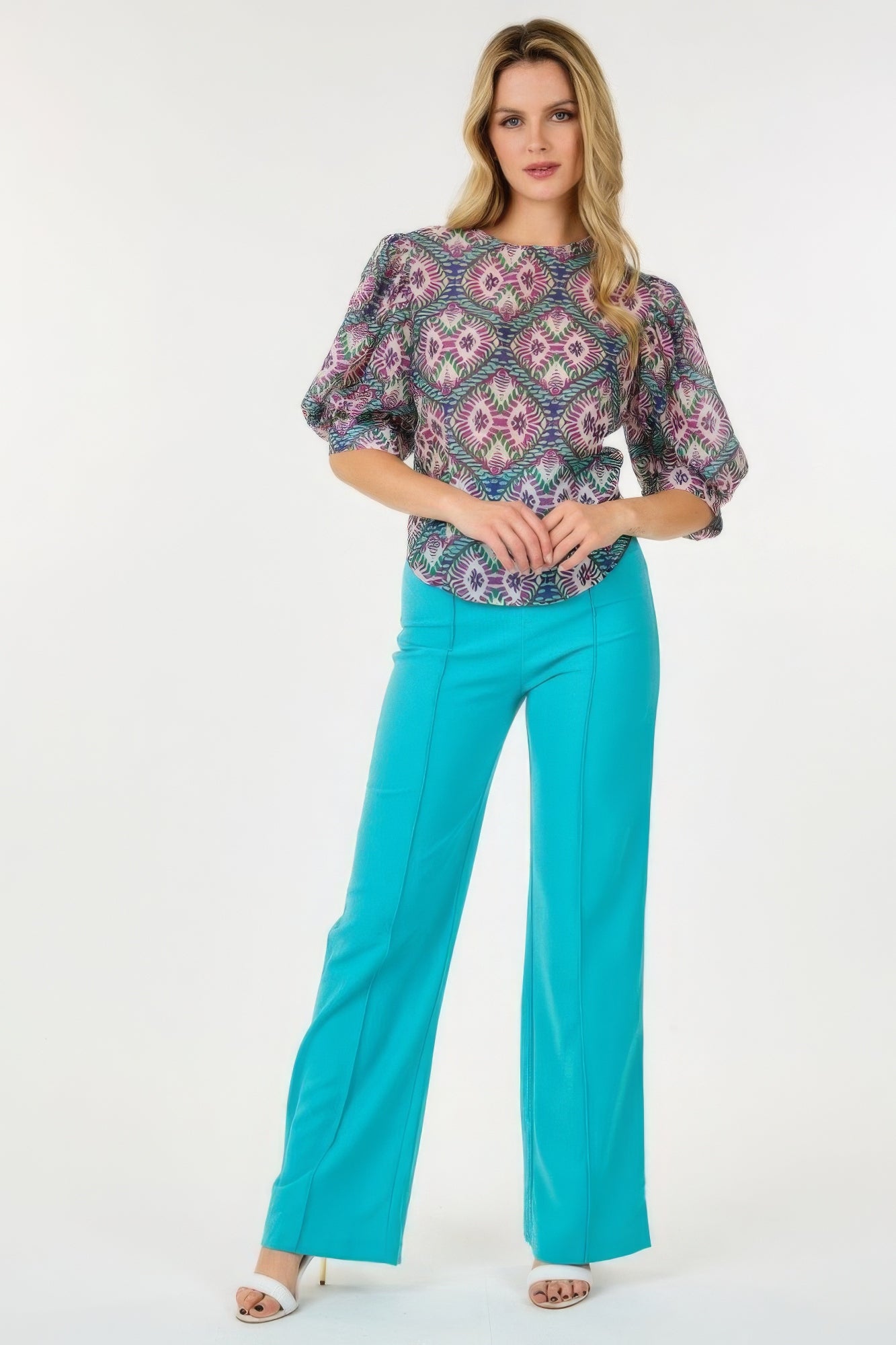 Blue Zone Planet |  Lina's Puff Sleeve Multi-print Top Blue Zone Planet