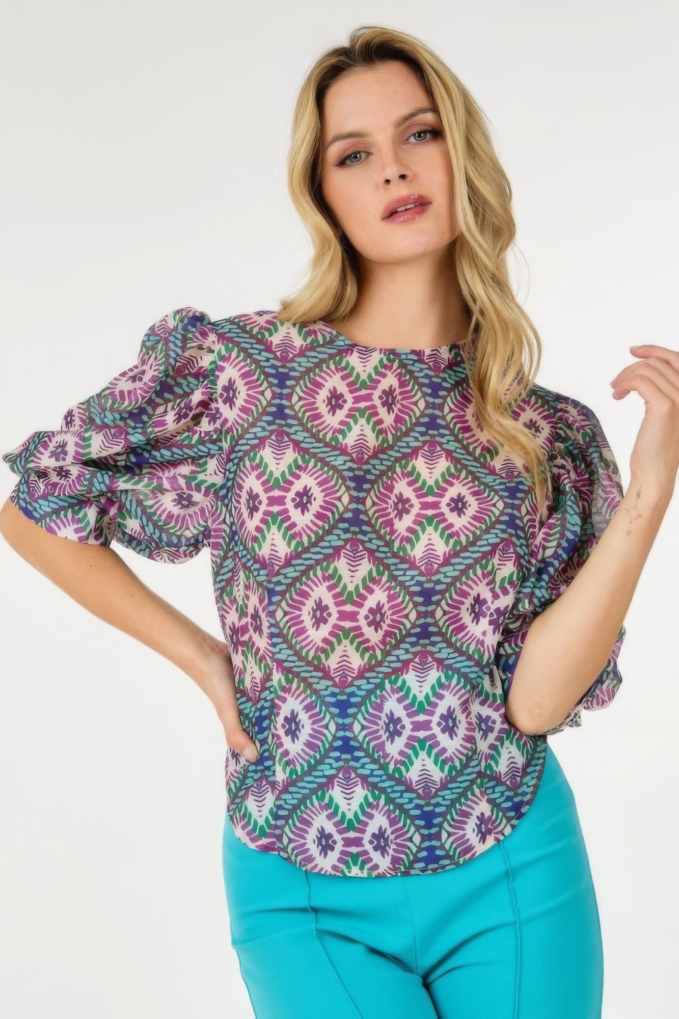 Blue Zone Planet |  Lina's Puff Sleeve Multi-print Top Blue Zone Planet