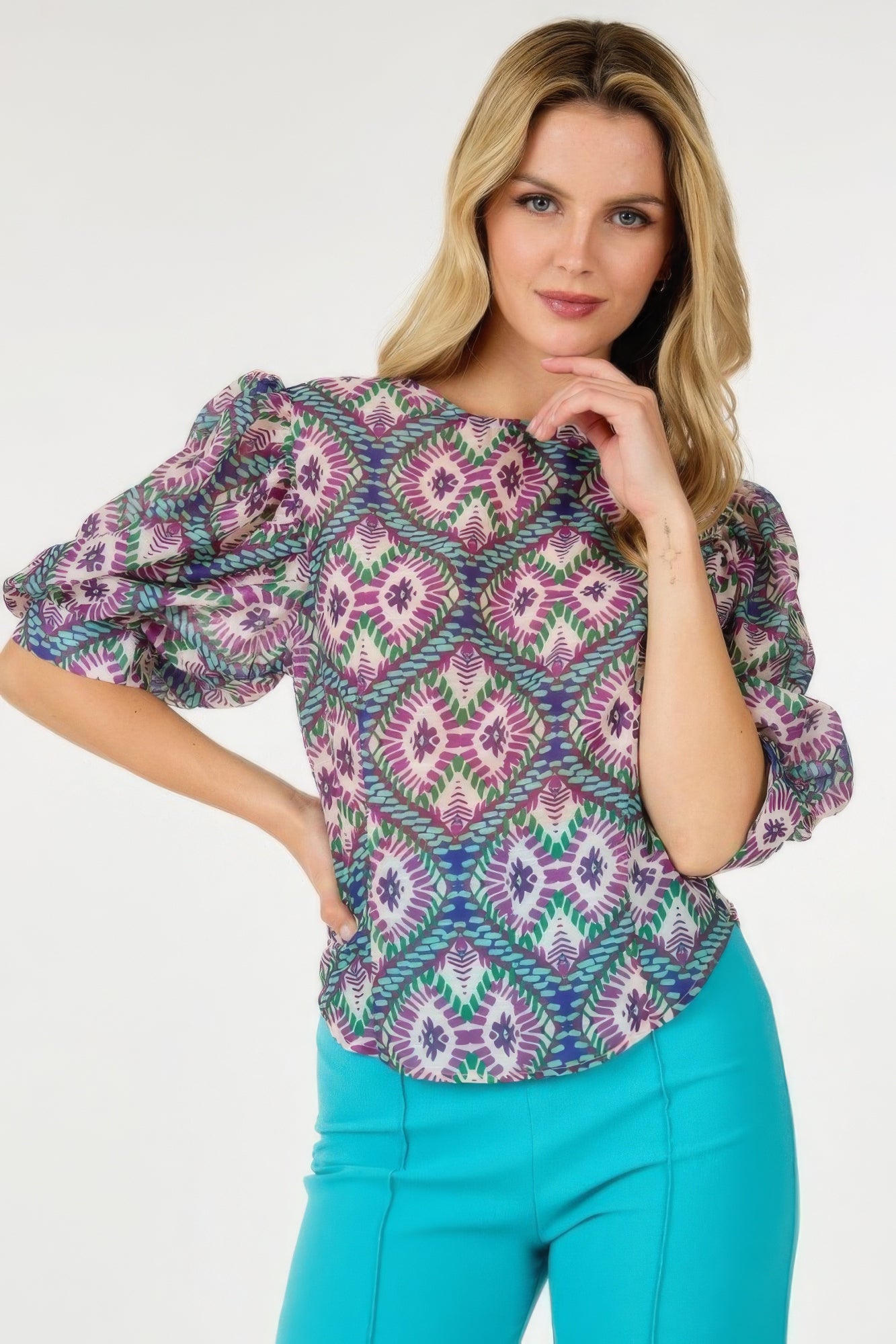 Blue Zone Planet |  Lina's Puff Sleeve Multi-print Top Blue Zone Planet