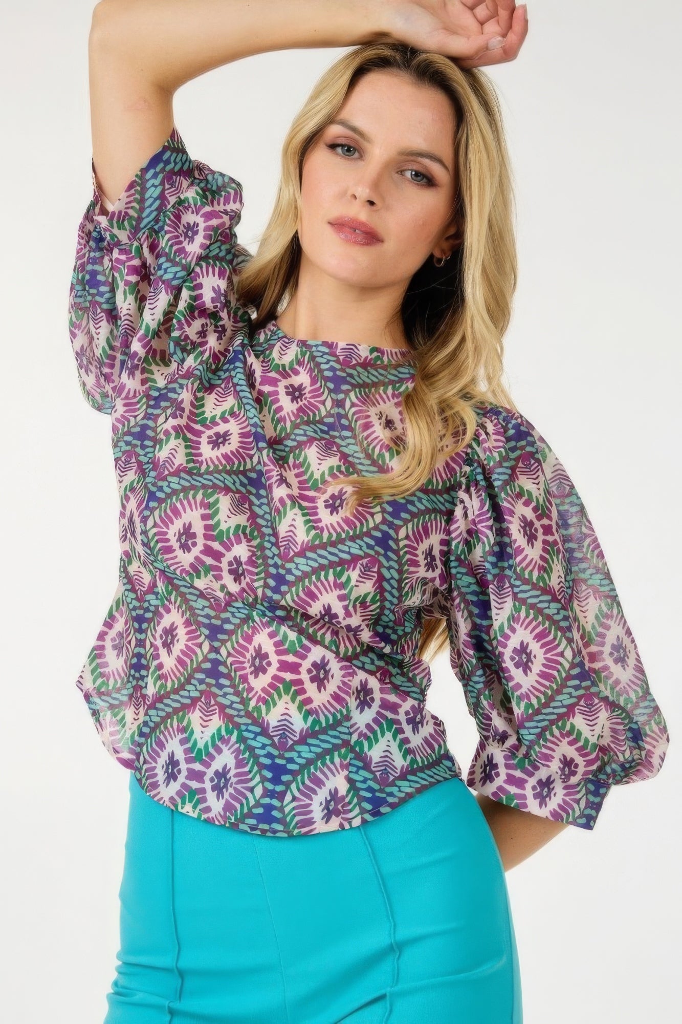 Blue Zone Planet |  Lina's Puff Sleeve Multi-print Top Blue Zone Planet