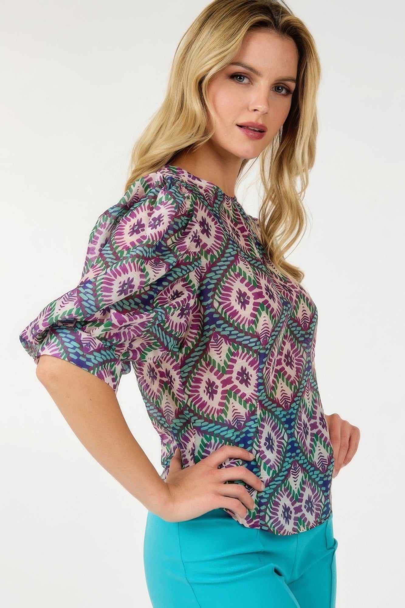 Blue Zone Planet |  Lina's Puff Sleeve Multi-print Top Blue Zone Planet