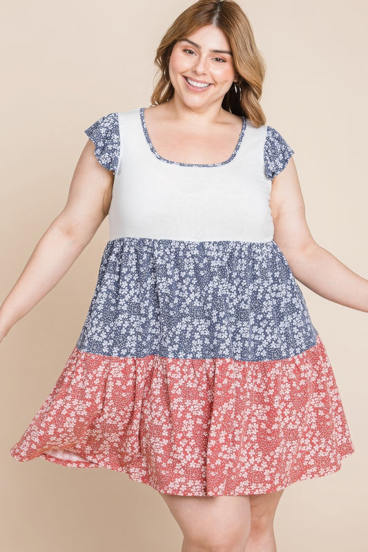 Blue Zone Planet |  Plus Size Floral Color Block Contrast Tiered Babydoll Dress Blue Zone Planet