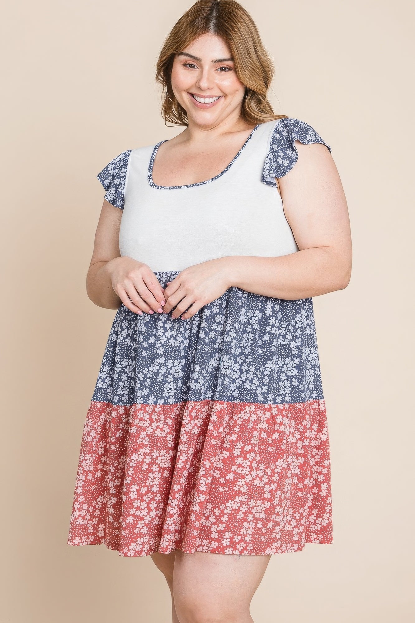 Blue Zone Planet |  Plus Size Floral Color Block Contrast Tiered Babydoll Dress Blue Zone Planet