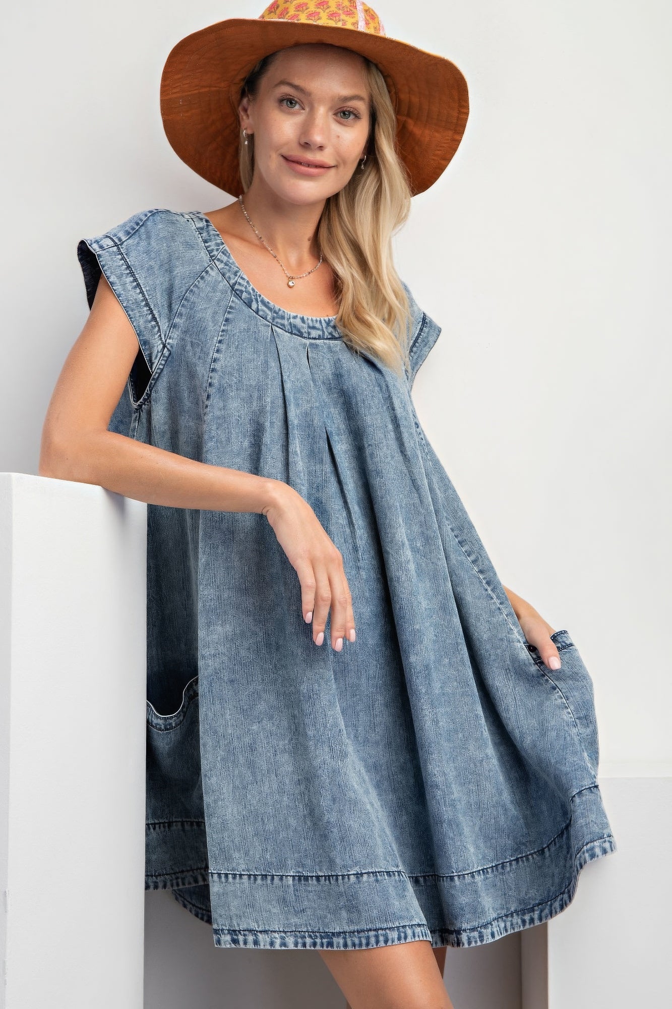 Blue Zone Planet |  Stone Washed Denim Swing Dress Blue Zone Planet