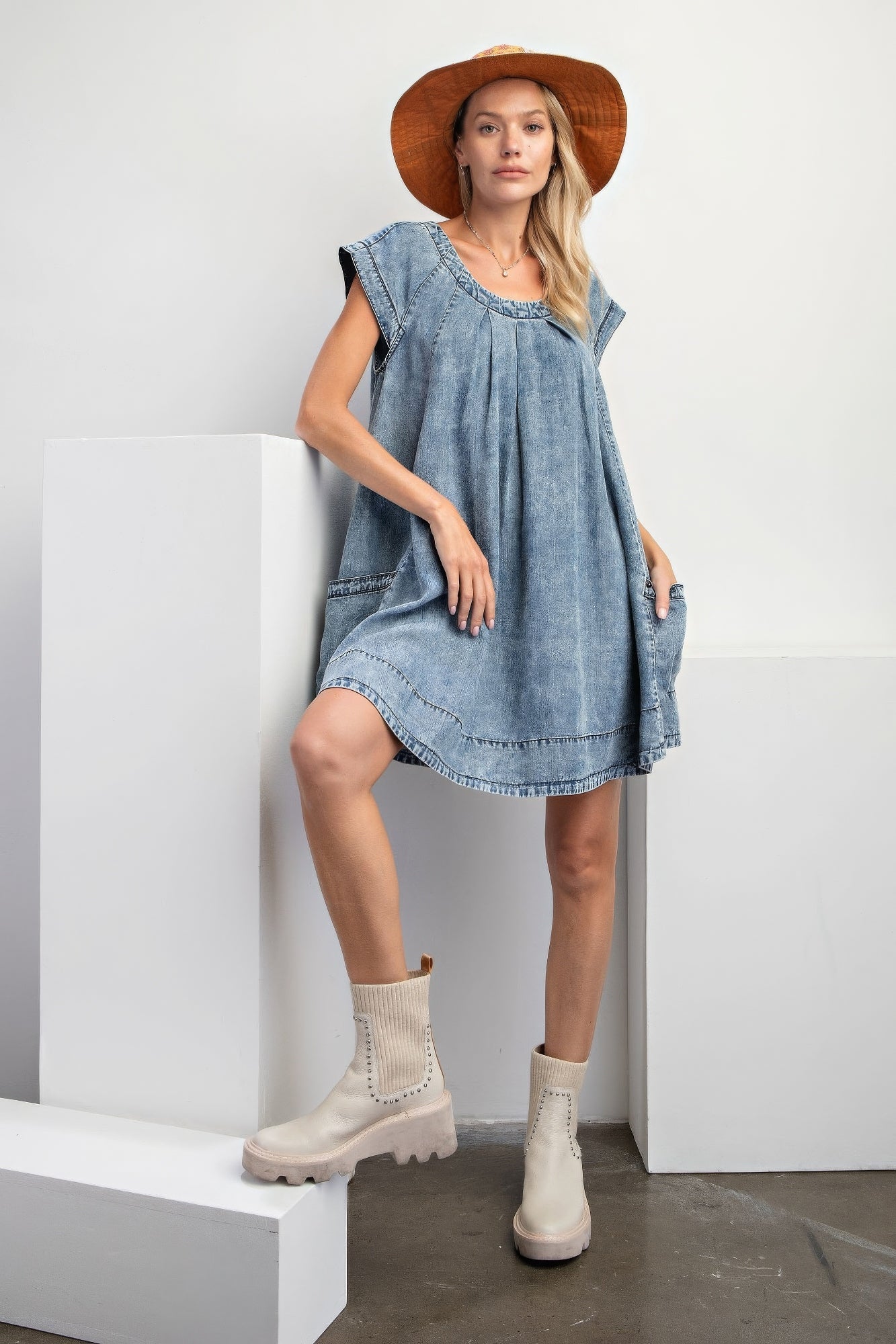 Blue Zone Planet |  Stone Washed Denim Swing Dress Blue Zone Planet