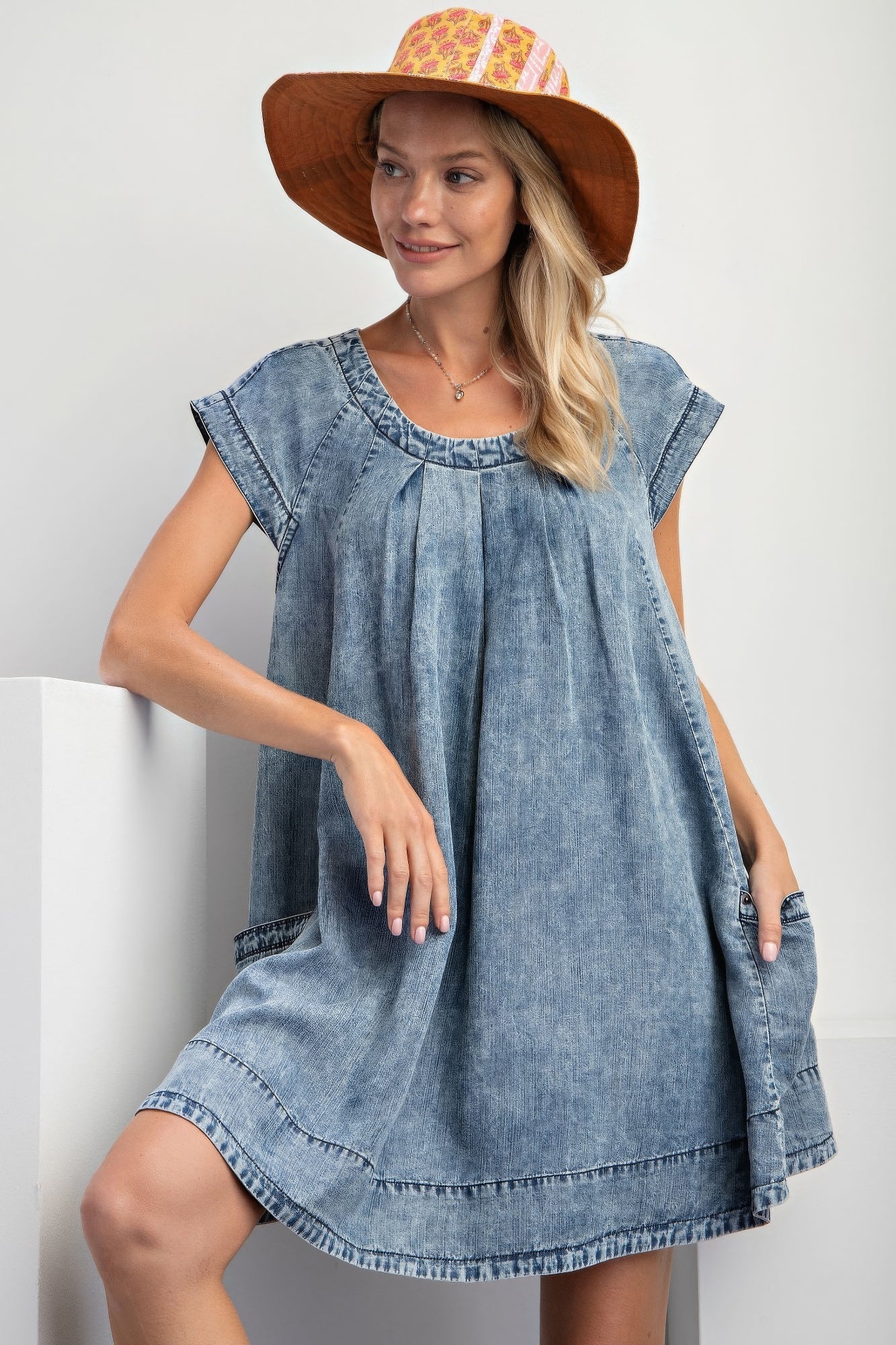 Blue Zone Planet |  Stone Washed Denim Swing Dress Blue Zone Planet