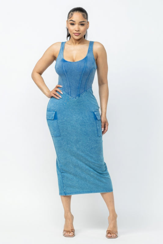 Blue Zone Planet | Acid Washed Cargo Midi Dress-TOPS / DRESSES-[Adult]-[Female]-S-2022 Online Blue Zone Planet