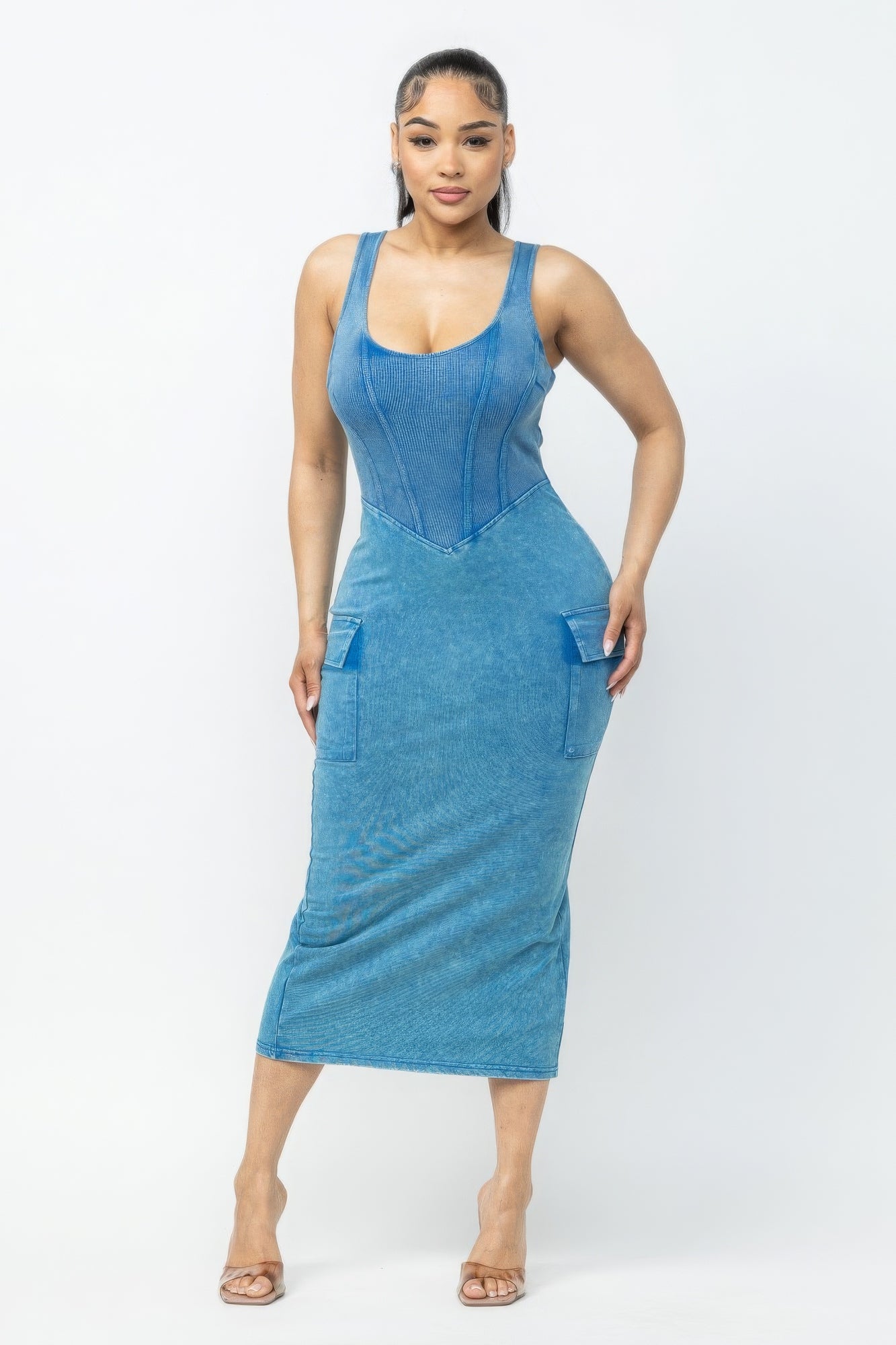 Blue Zone Planet | Acid Washed Cargo Midi Dress-TOPS / DRESSES-[Adult]-[Female]-2022 Online Blue Zone Planet