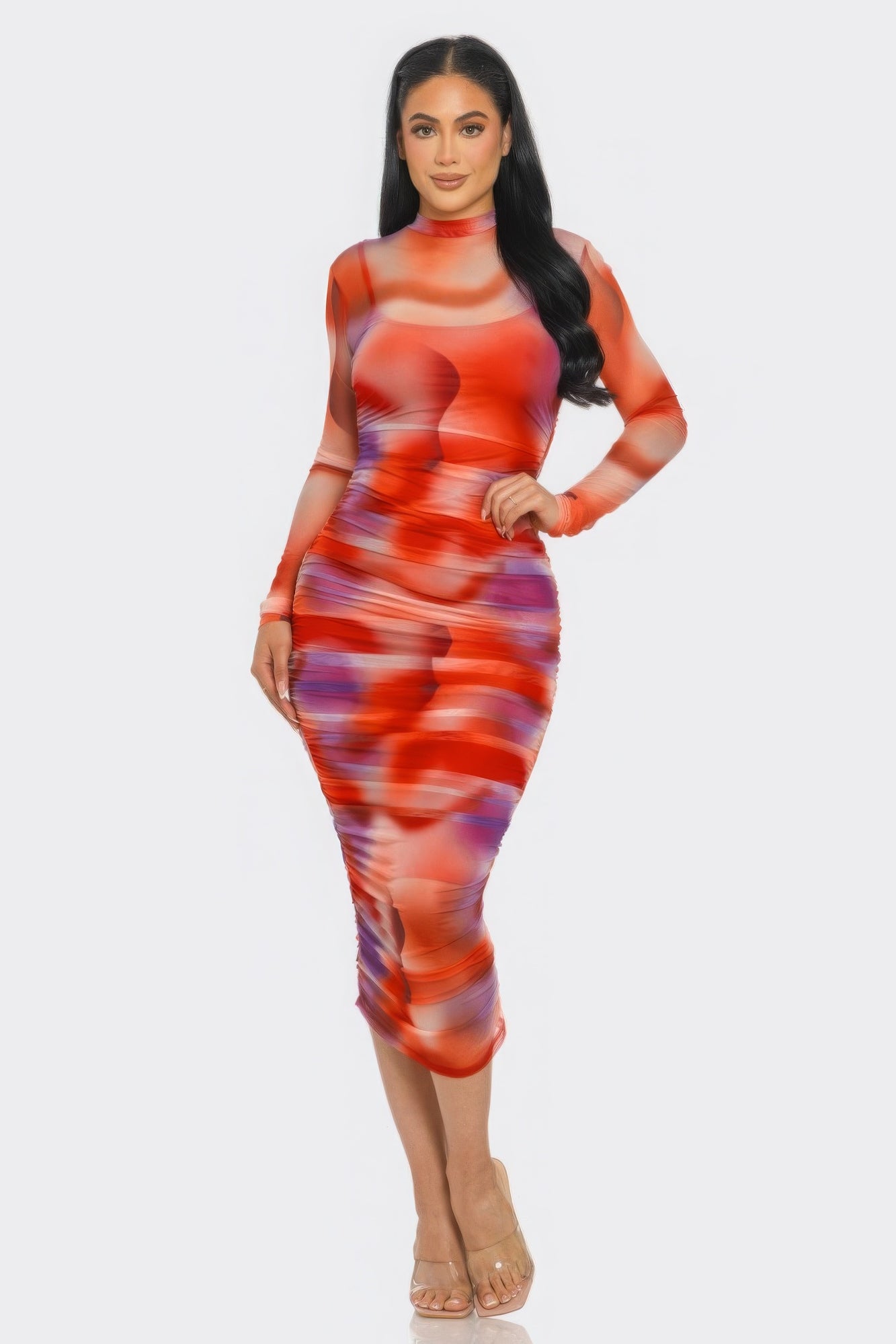 Summer Heat Print Mesh Ruched Midi Dress-[Adult]-[Female]-S-2022 Online Blue Zone Planet