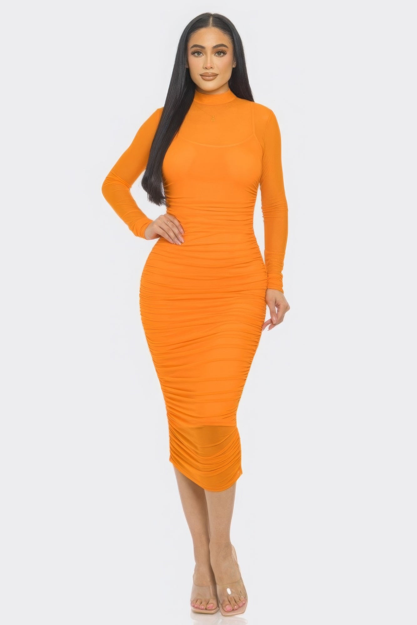 Solid Mesh Ruched Midi Dress-[Adult]-[Female]-Orange-S-2022 Online Blue Zone Planet