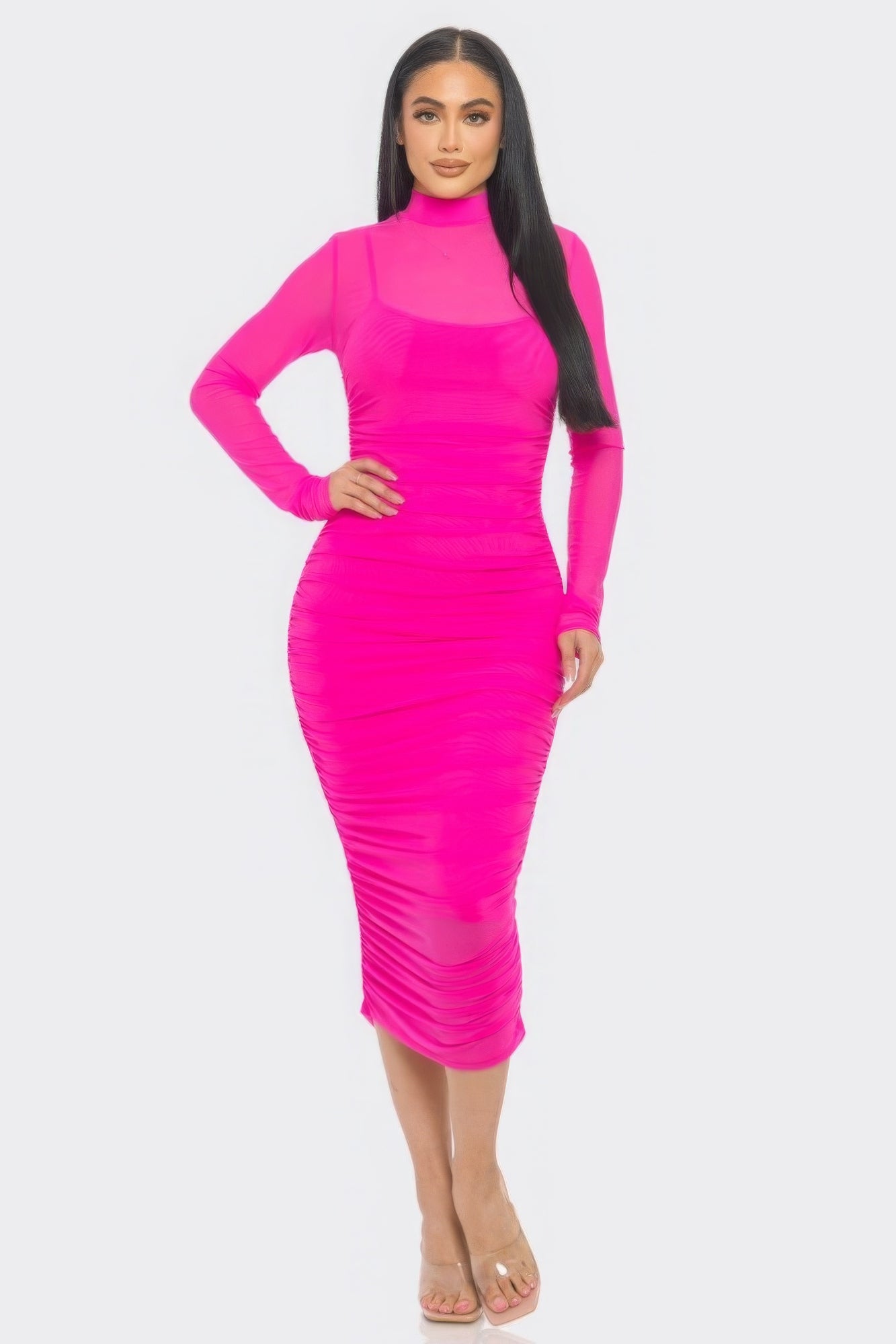 Solid Mesh Ruched Midi Dress-[Adult]-[Female]-Fuchsia-S-2022 Online Blue Zone Planet