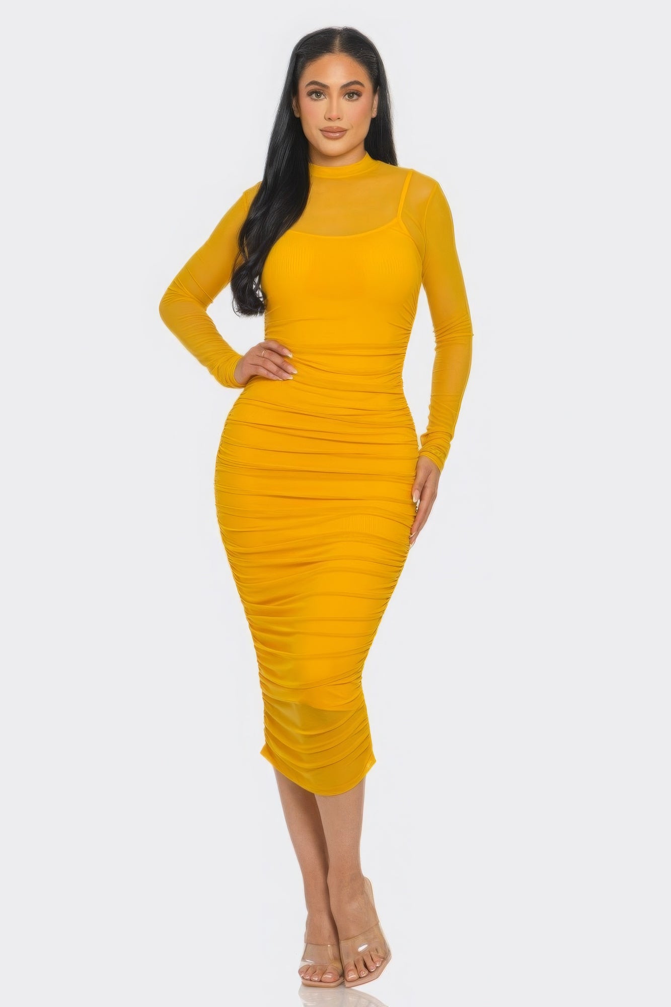 Solid Mesh Ruched Midi Dress-[Adult]-[Female]-Mustard-S-2022 Online Blue Zone Planet