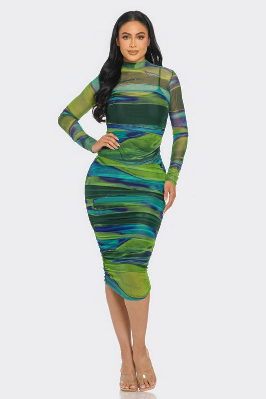Glitch Print Mesh Ruched Midi Dress-TOPS / DRESSES-[Adult]-[Female]-Green/Blue-S-2022 Online Blue Zone Planet