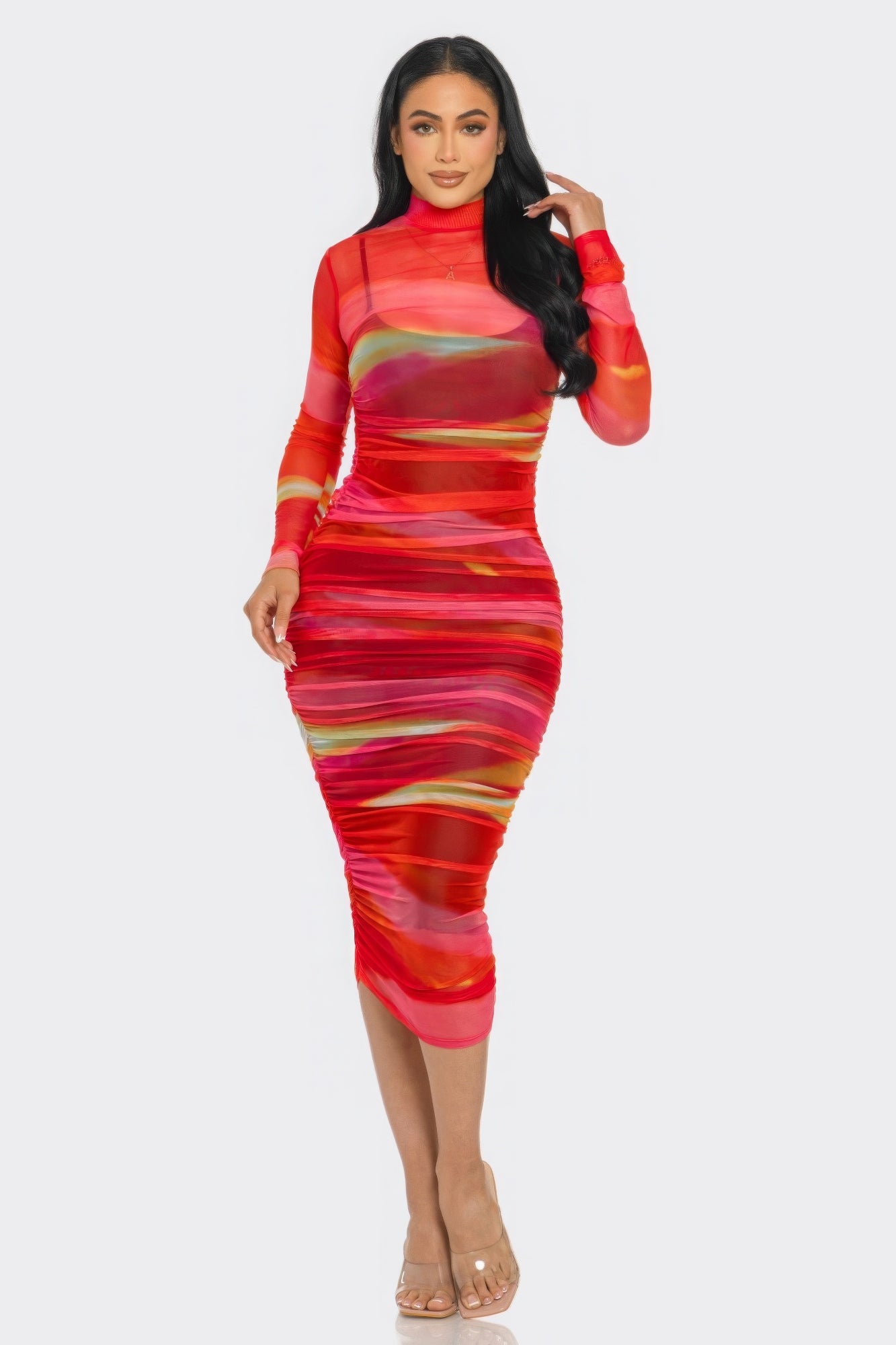 Glitch Print Mesh Ruched Midi Dress-TOPS / DRESSES-[Adult]-[Female]-Tomato/Yellow-S-2022 Online Blue Zone Planet