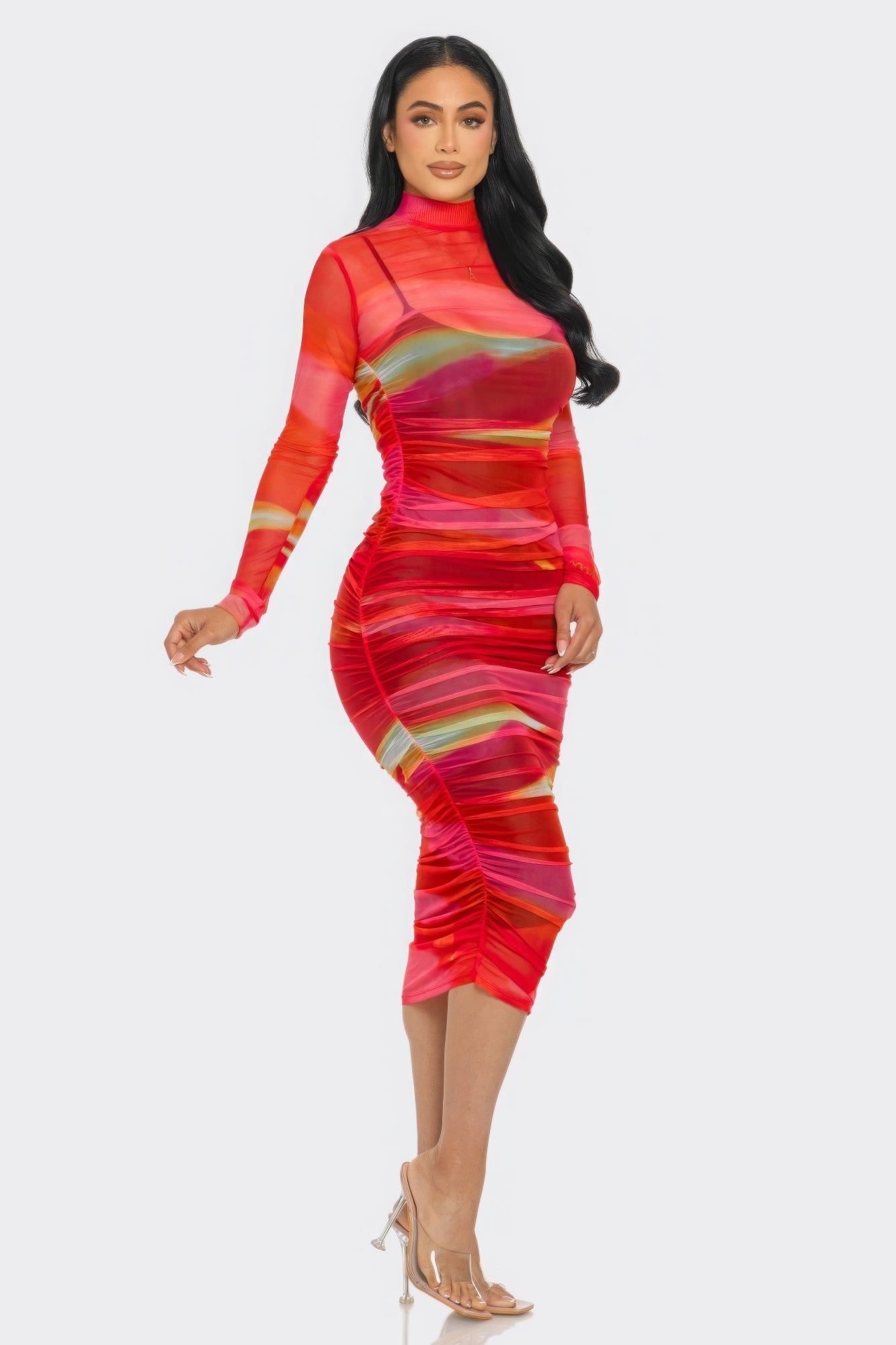 Glitch Print Mesh Ruched Midi Dress-TOPS / DRESSES-[Adult]-[Female]-2022 Online Blue Zone Planet