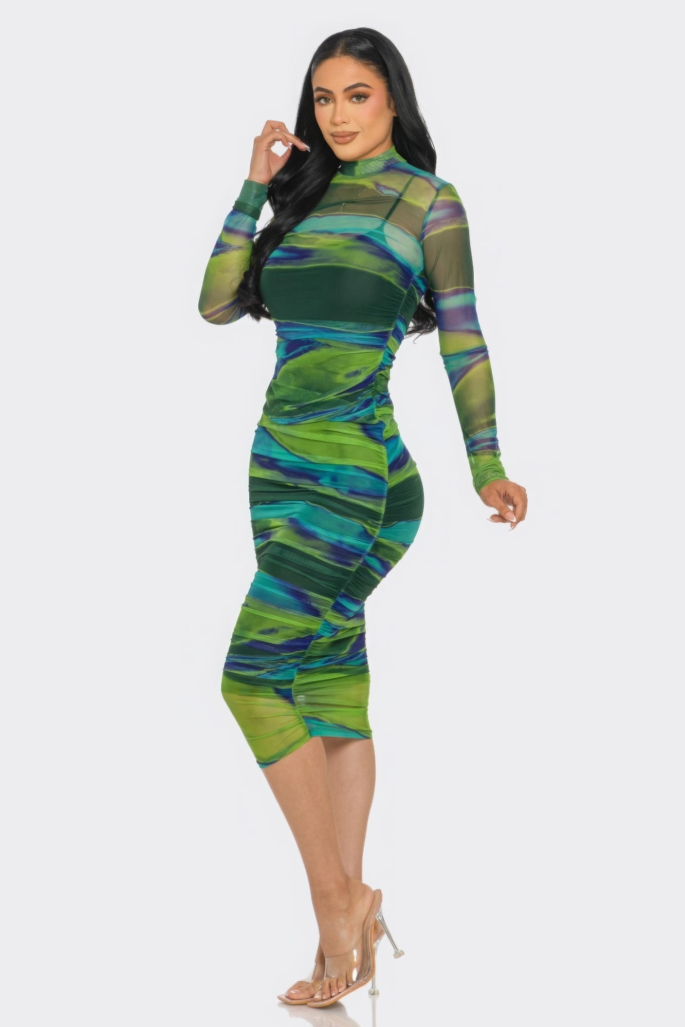 Glitch Print Mesh Ruched Midi Dress-TOPS / DRESSES-[Adult]-[Female]-2022 Online Blue Zone Planet