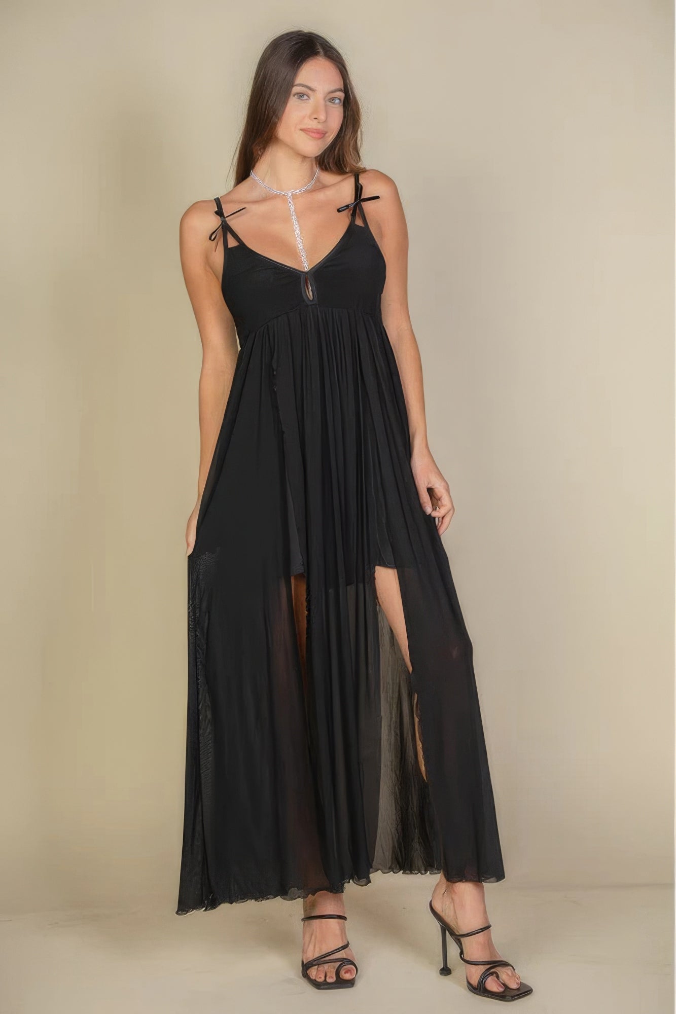 Plunge Neck Split Thigh Mesh Maxi Dress-TOPS / DRESSES-[Adult]-[Female]-2022 Online Blue Zone Planet