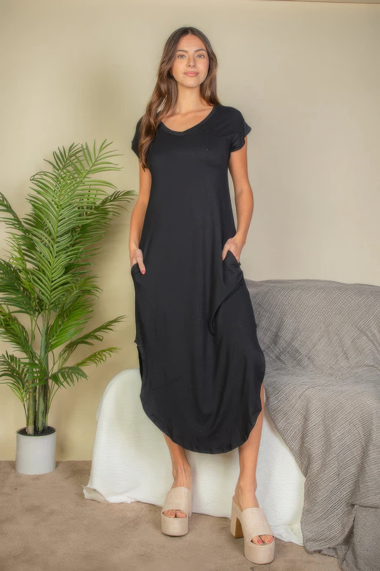 Hidden Pocket Batwing Sleeve V Neck Long Dress-TOPS / DRESSES-[Adult]-[Female]-Black-S-2022 Online Blue Zone Planet