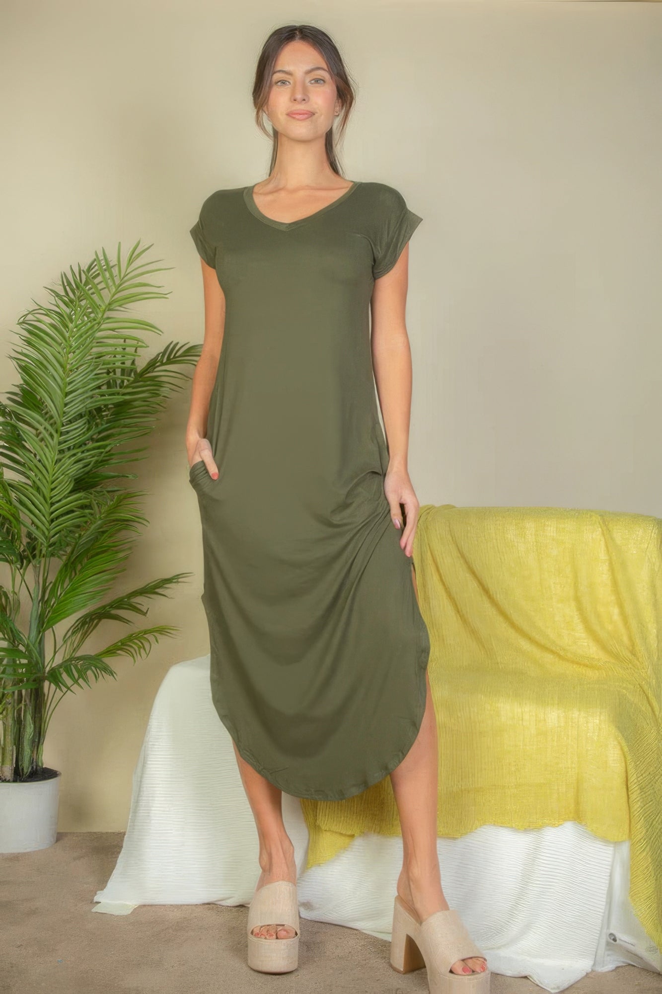 Hidden Pocket Batwing Sleeve V Neck Long Dress-TOPS / DRESSES-[Adult]-[Female]-Olive-S-2022 Online Blue Zone Planet