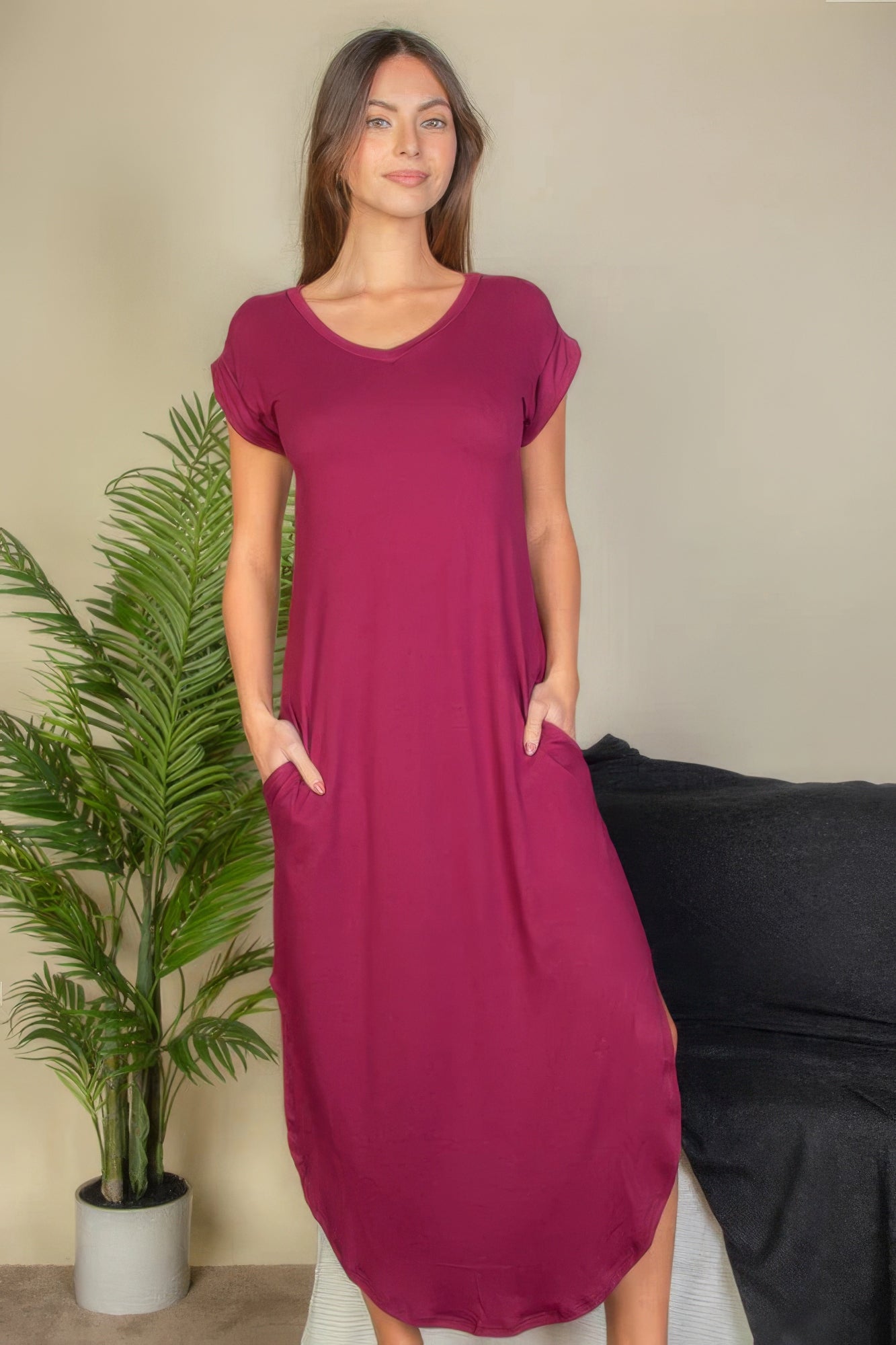 Hidden Pocket Batwing Sleeve V Neck Long Dress-TOPS / DRESSES-[Adult]-[Female]-2022 Online Blue Zone Planet