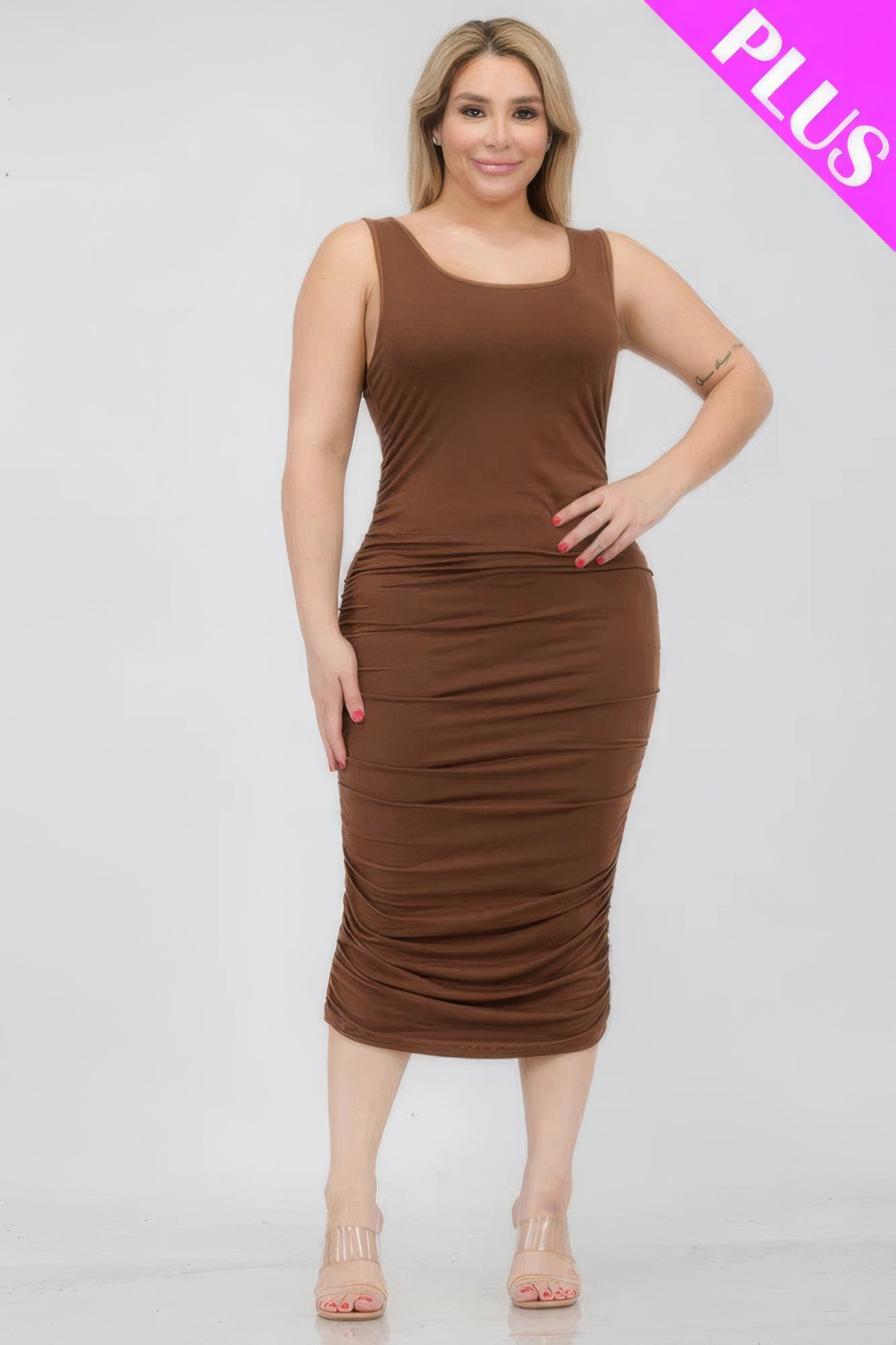 Plus Size Square Neck Ruched Bodycon Midi Dress-TOPS / DRESSES-[Adult]-[Female]-Downtown Brown-1XL-2022 Online Blue Zone Planet