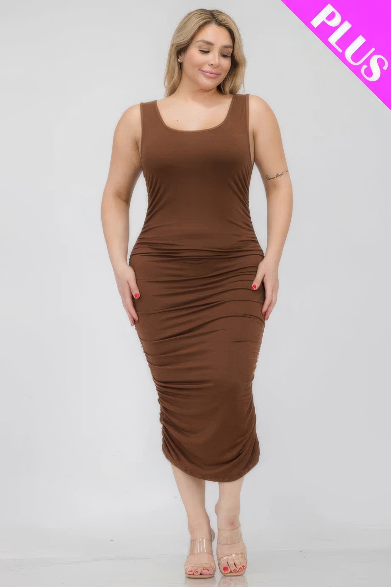 Plus Size Square Neck Ruched Bodycon Midi Dress-TOPS / DRESSES-[Adult]-[Female]-2022 Online Blue Zone Planet