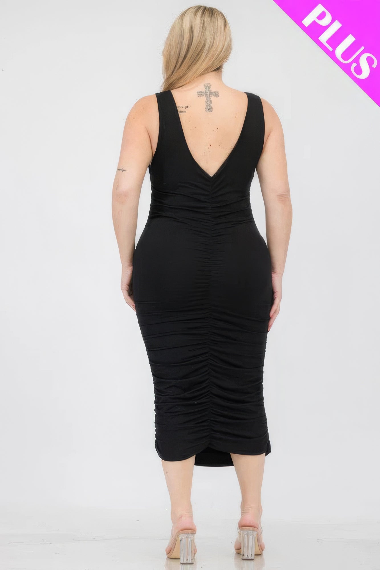 Plus Size Square Neck Ruched Bodycon Midi Dress-TOPS / DRESSES-[Adult]-[Female]-2022 Online Blue Zone Planet