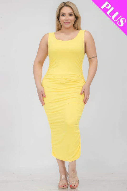 Plus Size Square Neck Ruched Bodycon Midi Dress-TOPS / DRESSES-[Adult]-[Female]-Yellow-1XL-2022 Online Blue Zone Planet