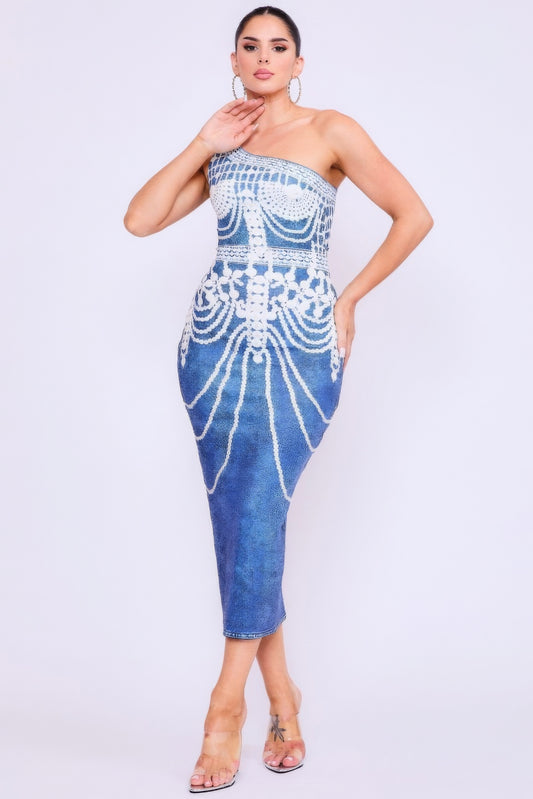 One Shoulder Denim Print Dress-TOPS / DRESSES-[Adult]-[Female]-S-2022 Online Blue Zone Planet