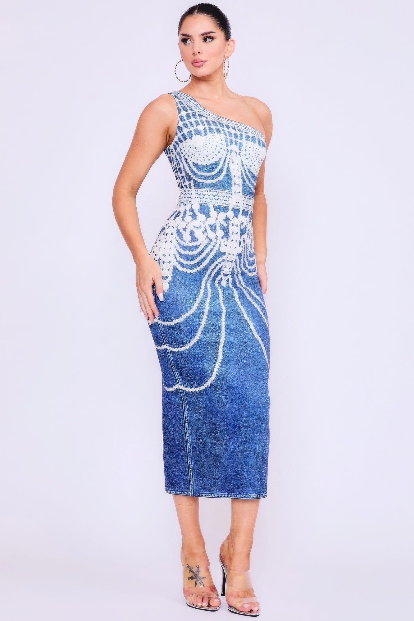 One Shoulder Denim Print Dress-TOPS / DRESSES-[Adult]-[Female]-2022 Online Blue Zone Planet