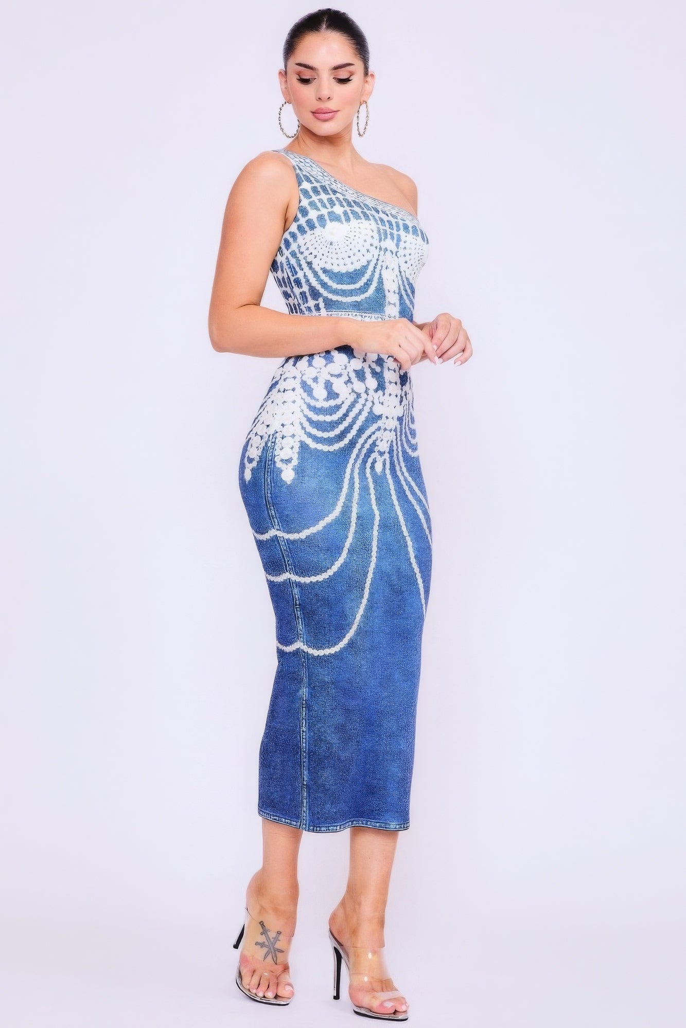 One Shoulder Denim Print Dress-TOPS / DRESSES-[Adult]-[Female]-2022 Online Blue Zone Planet