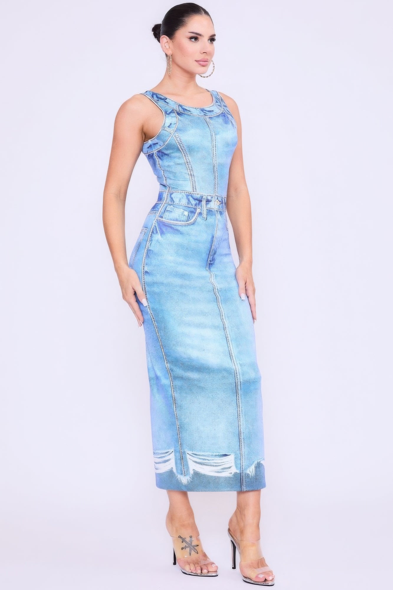 Denim Print Midi Dress-TOPS / DRESSES-[Adult]-[Female]-2022 Online Blue Zone Planet