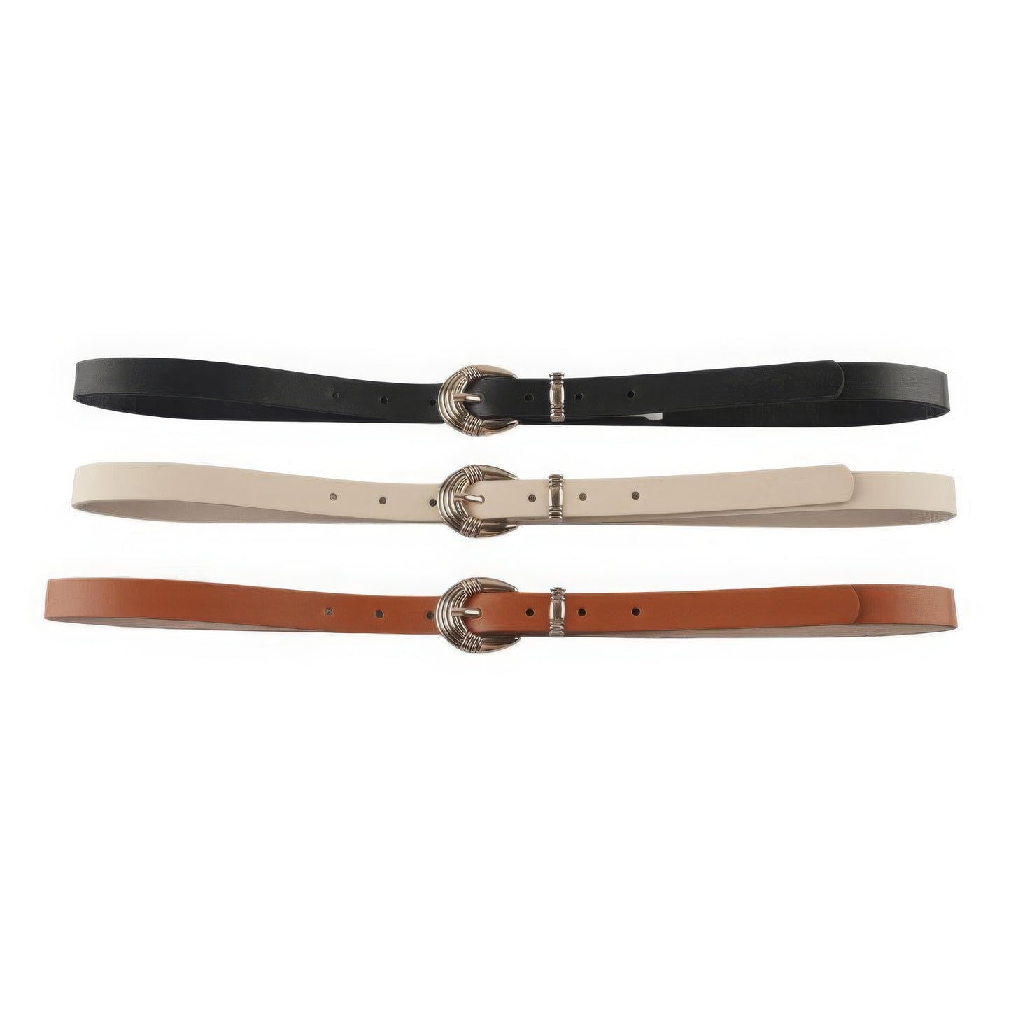 Metal U Buckle Skinny Belt 3 Pc Set-[Adult]-[Female]-Black/Cognac/Ivory-2022 Online Blue Zone Planet