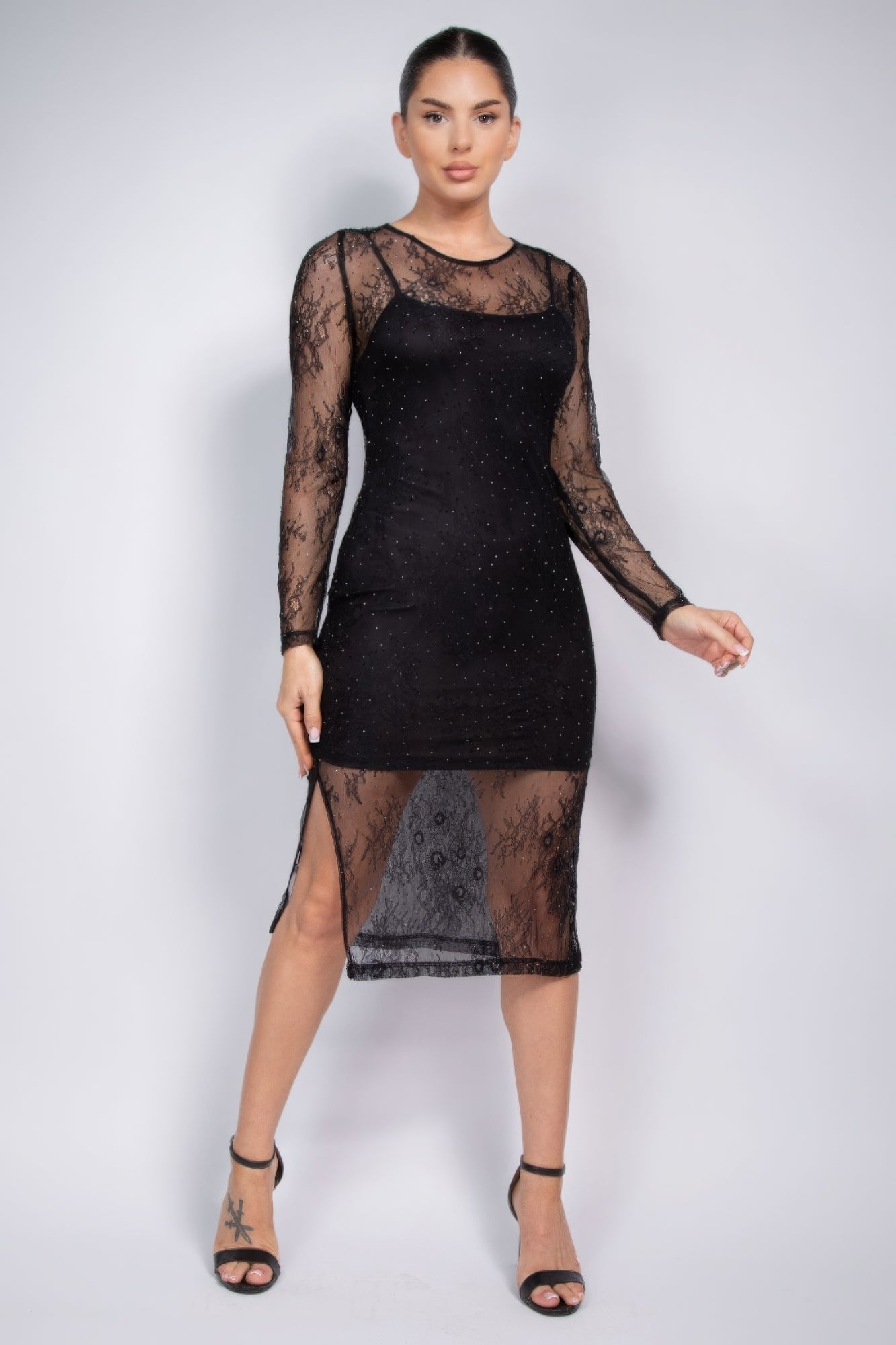 Lace Rhinestone-studded Slit Midi Dress-TOPS / DRESSES-[Adult]-[Female]-2022 Online Blue Zone Planet