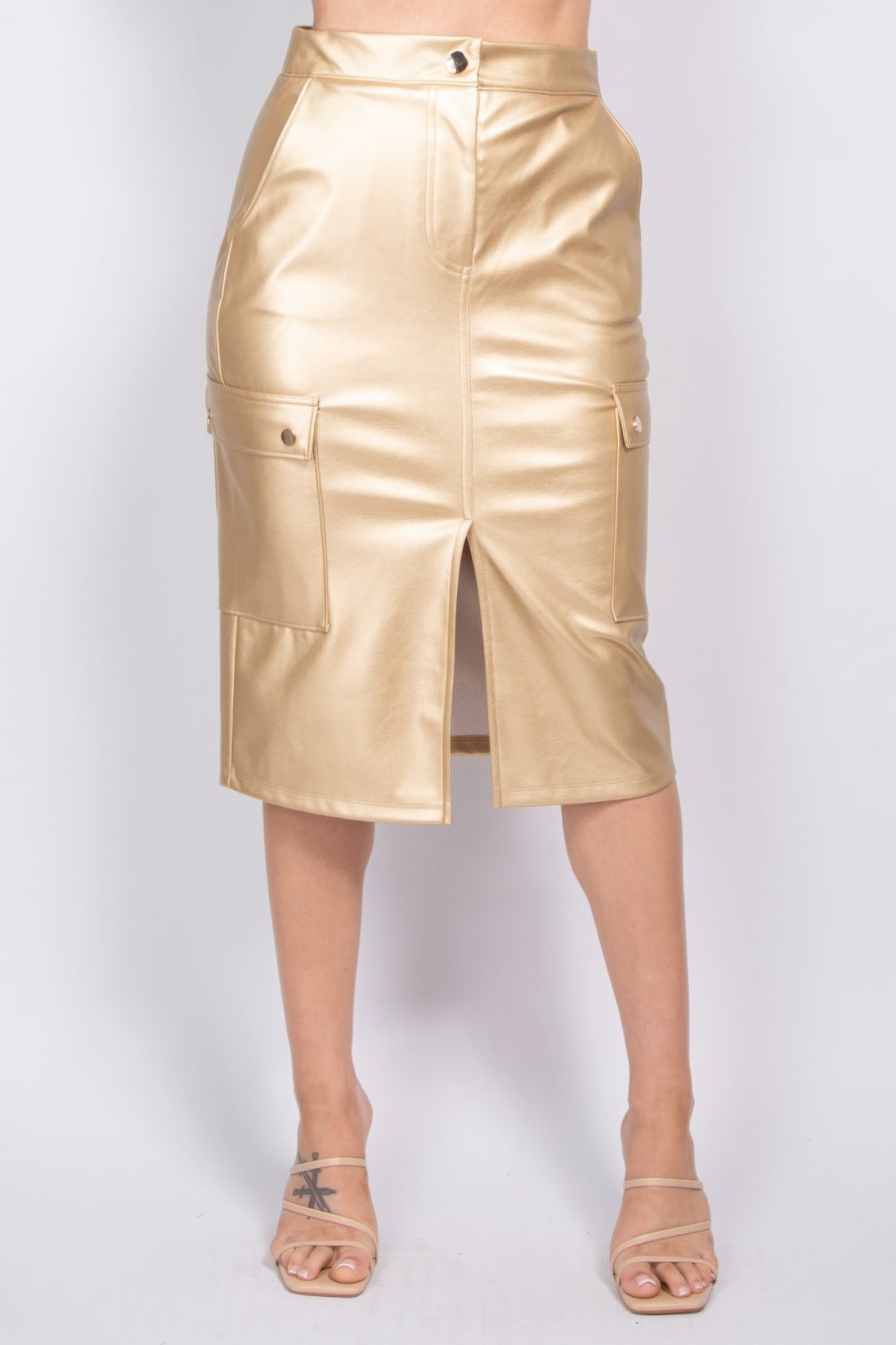 Blue Zone Planet | Faux Leather High-rise Cargo Skirt-BOTTOM SIZES SMALL MEDIUM LARGE-[Adult]-[Female]-Gold-S-2022 Online Blue Zone Planet