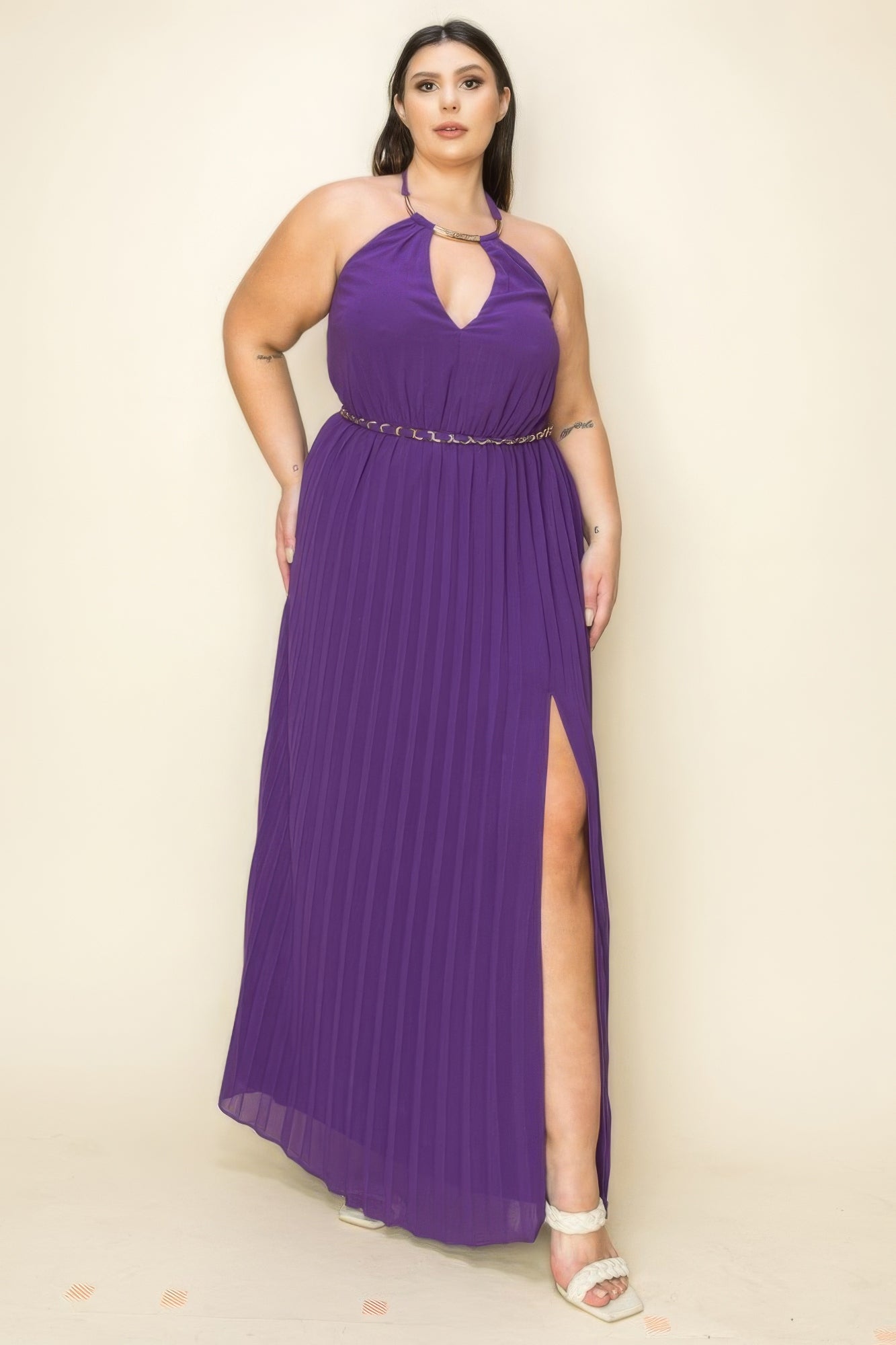 Chiffon Pleated Gold Trim Neck & Belt Cut Out Chest Maxi Dress-TOPS / DRESSES-[Adult]-[Female]-Purple-1XL-2022 Online Blue Zone Planet