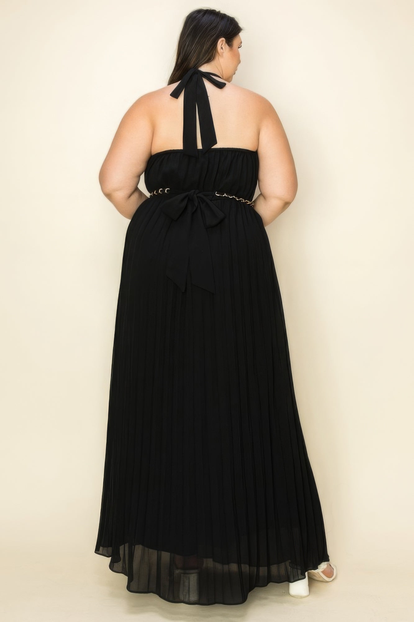 Chiffon Pleated Gold Trim Neck & Belt Cut Out Chest Maxi Dress-TOPS / DRESSES-[Adult]-[Female]-2022 Online Blue Zone Planet