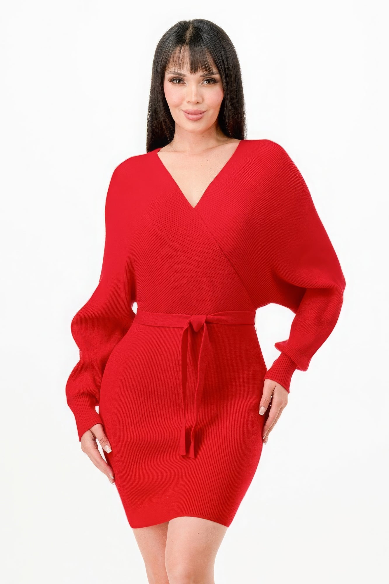 Off Shoulder Wrap Belted Ribbed Sweather Dress-TOPS / DRESSES-[Adult]-[Female]-Red-S-2022 Online Blue Zone Planet