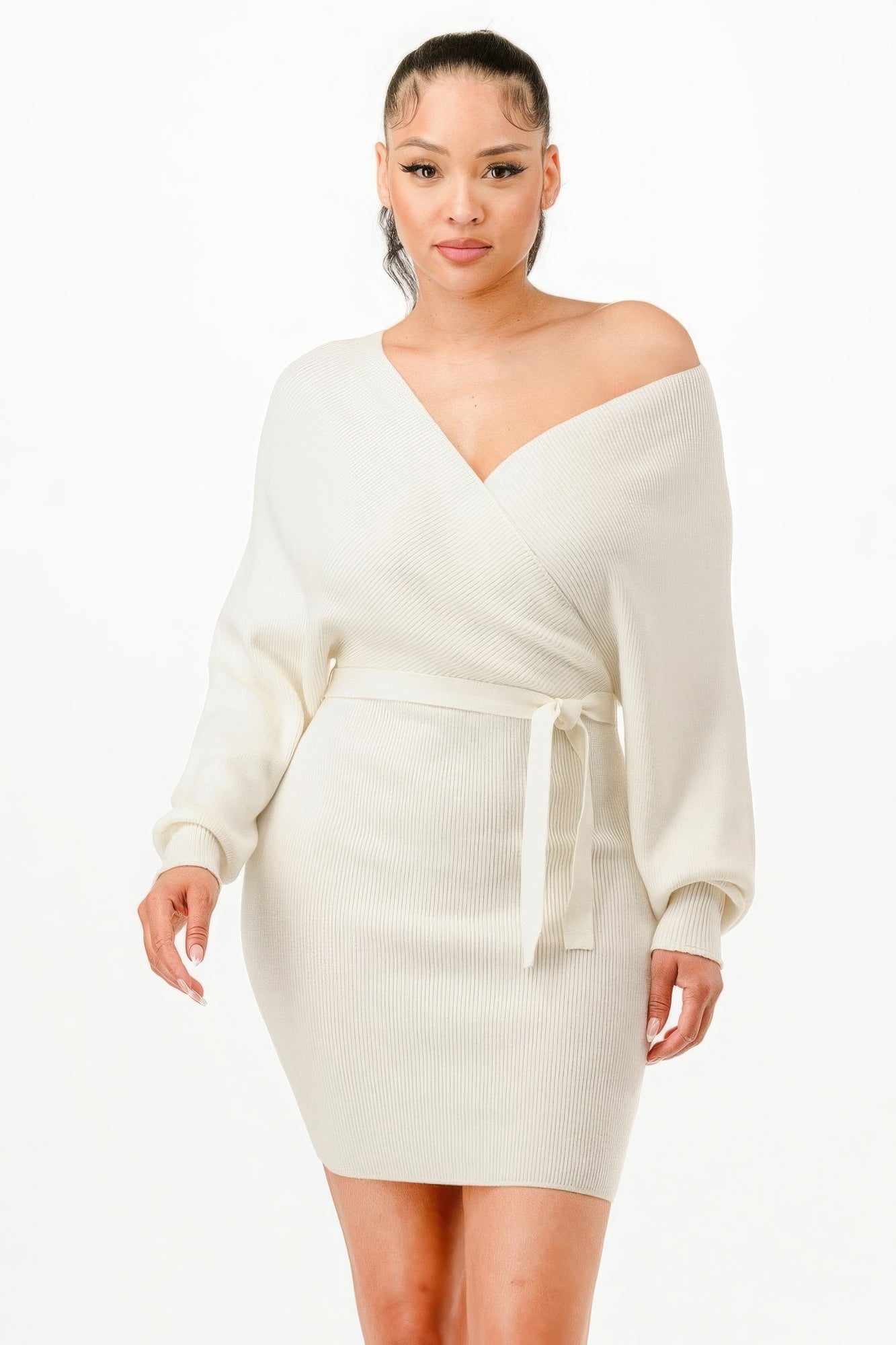 Off Shoulder Wrap Belted Ribbed Sweather Dress-TOPS / DRESSES-[Adult]-[Female]-Cream-S-2022 Online Blue Zone Planet