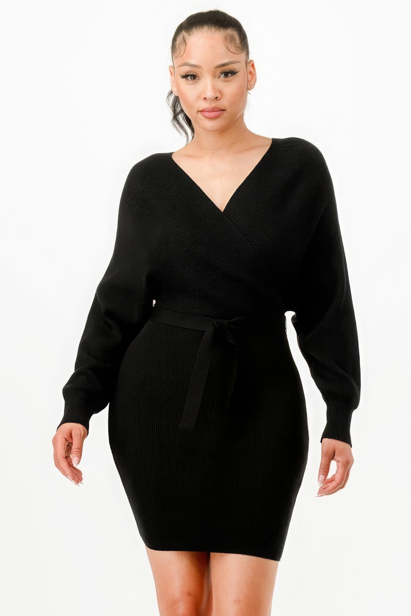 Off Shoulder Wrap Belted Ribbed Sweather Dress-TOPS / DRESSES-[Adult]-[Female]-Black-S-2022 Online Blue Zone Planet