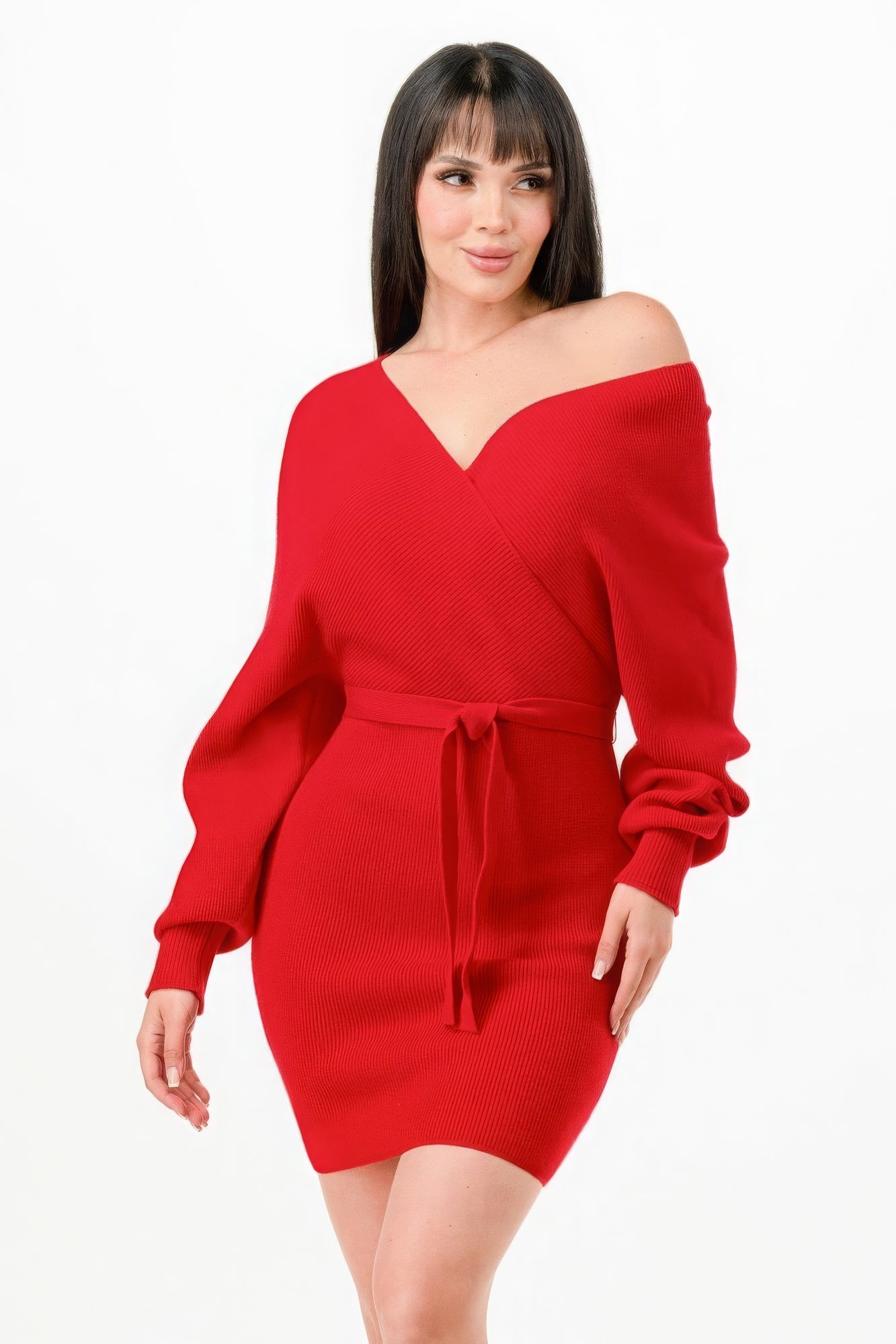 Off Shoulder Wrap Belted Ribbed Sweather Dress-TOPS / DRESSES-[Adult]-[Female]-2022 Online Blue Zone Planet